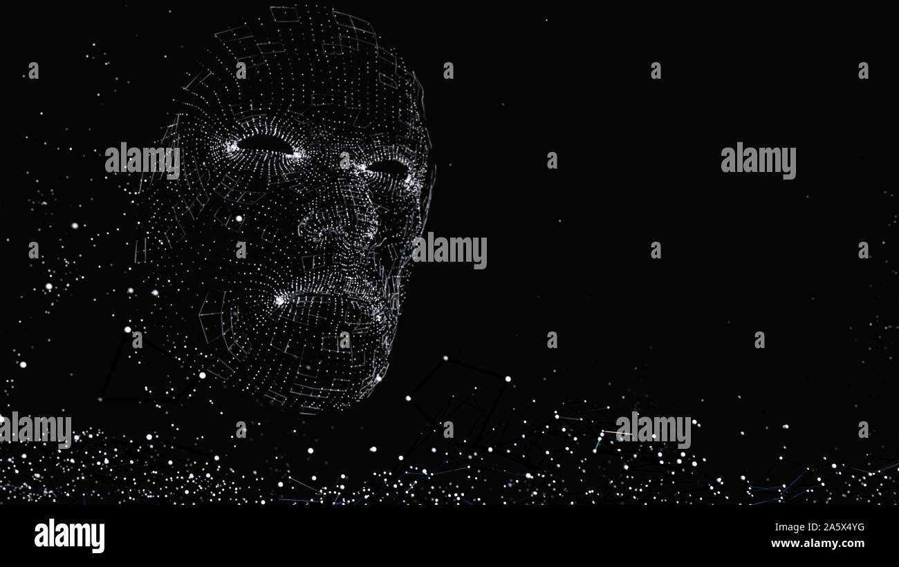 Visage humain composé de lignes et points lumineux. 3D illustration sur fond noir Banque D'Images