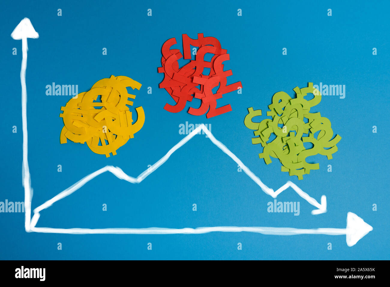 Symboles de papier euro, dollar et de la livre sterling currency avec tableau, fond bleu. Vue du dessus avec copie espace. Concept simple et épuré Banque D'Images