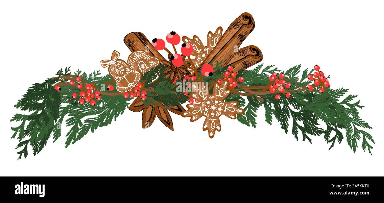 Décoration pour la cheminée. Pour l'élément de design cards et les textiles. Nouvelle Année. Branches de sapin et de fruits rouges.. Illustration de Vecteur