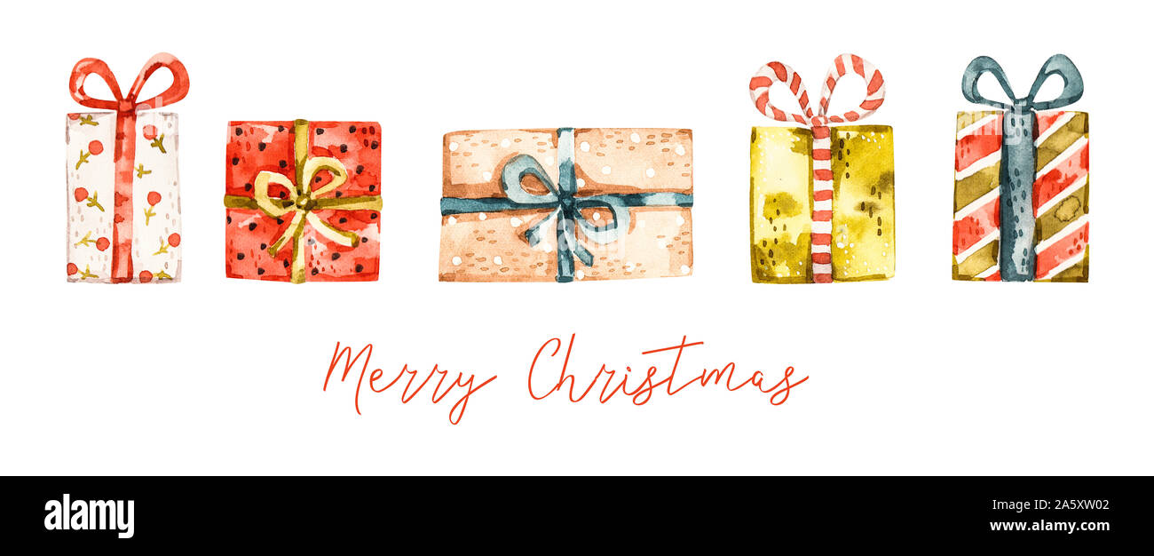 Cadeaux de Noël aquarelle enfantine bannière de bienvenue, décoration. Joyeux Noël et bonne année aqarelle, cartoon style naïf de l'affiche Banque D'Images