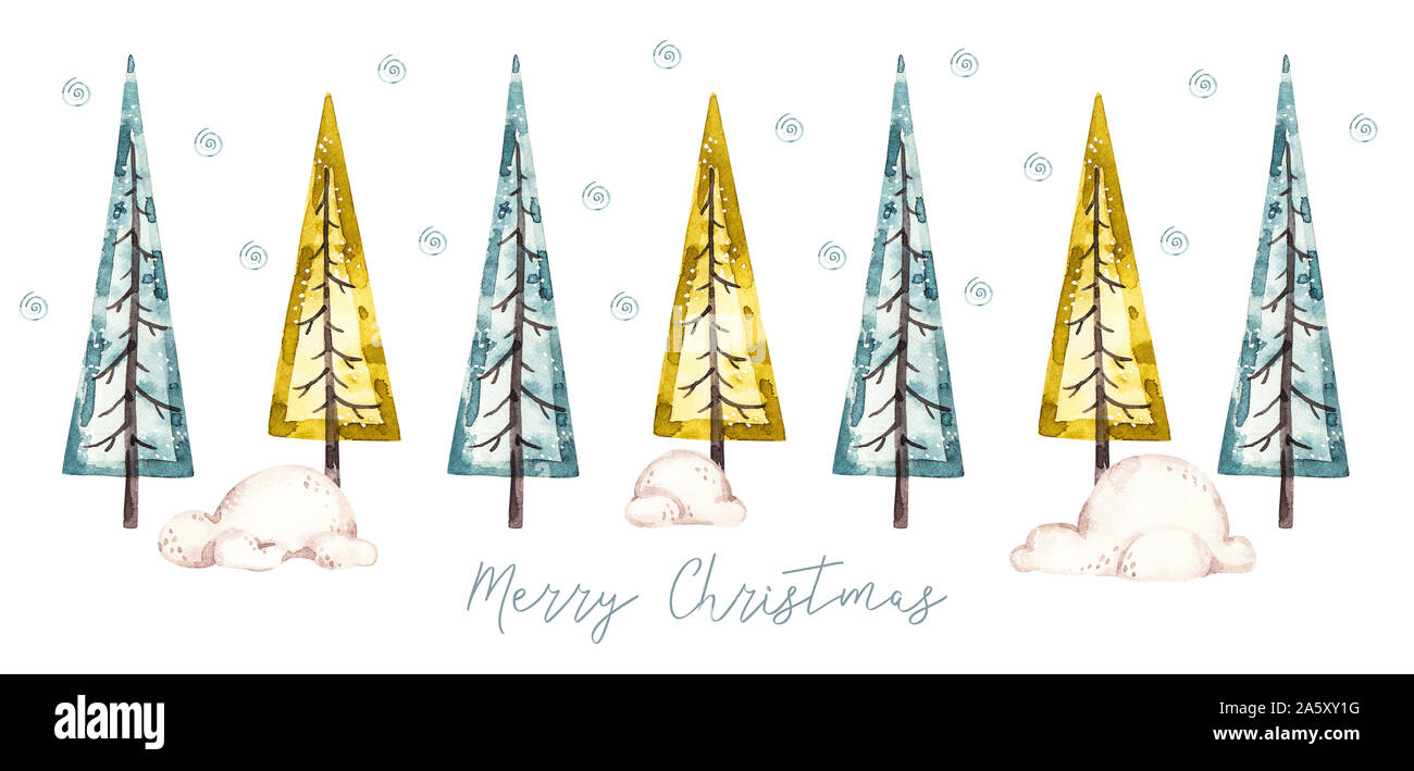Aquarelle d'arbres de Noël au cartoon style naïf, décoration bannière de bienvenue. Joyeux Noël et bonne année aqarelle affiche, dessin de pépinière Banque D'Images