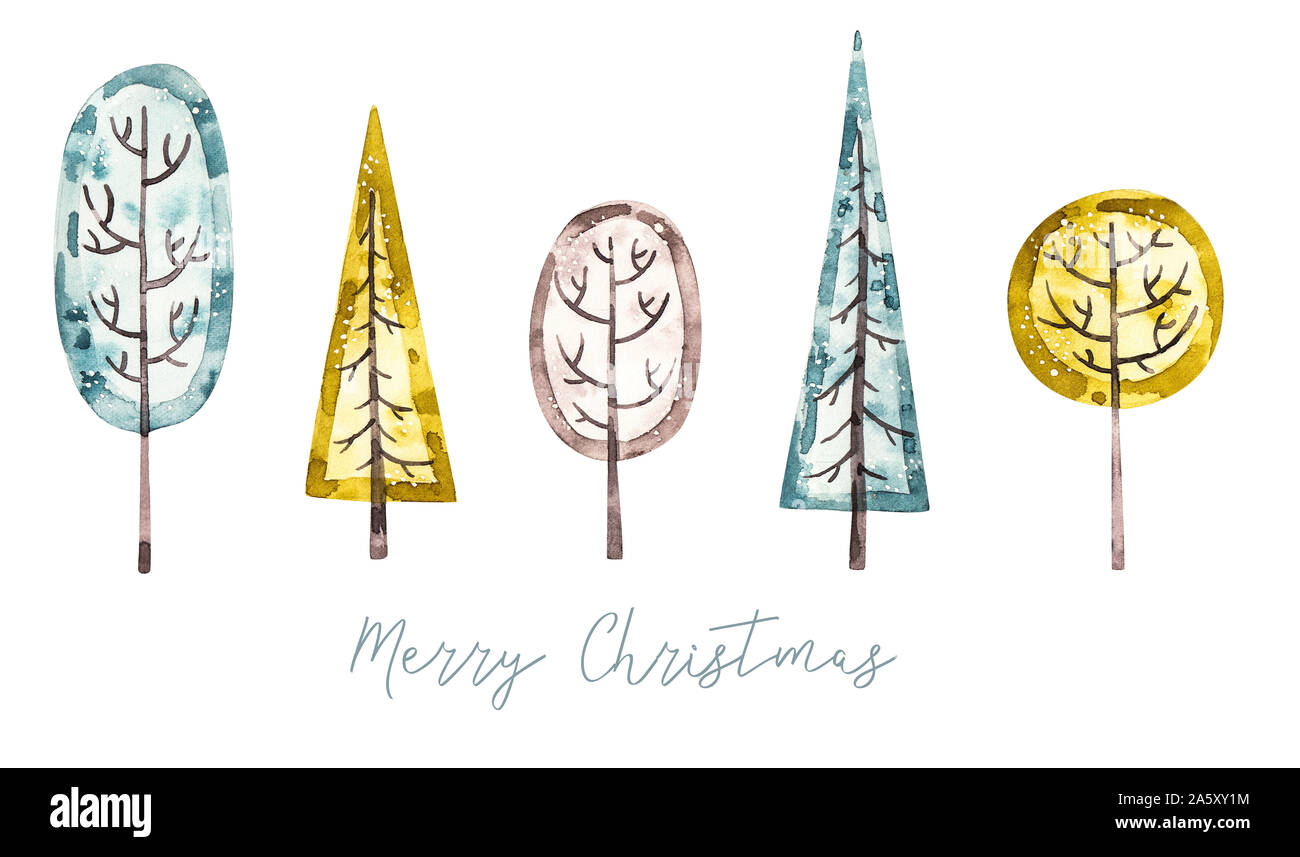 Aquarelle d'arbres de Noël au style enfantin, naïf décoration bannière de bienvenue. Joyeux Noël et bonne année aqarelle affiche, dessin de pépinière Banque D'Images