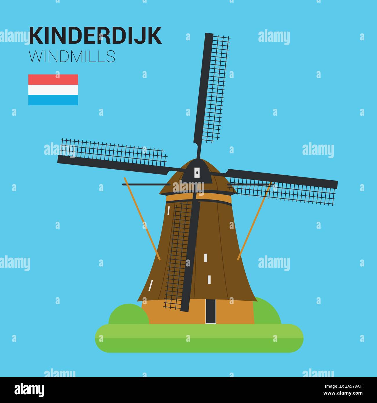 Vector illustration de moulins à Kinderdijk Kinderdijk, (Pays-Bas). Monuments historiques, monuments et collection. Illustration de Vecteur