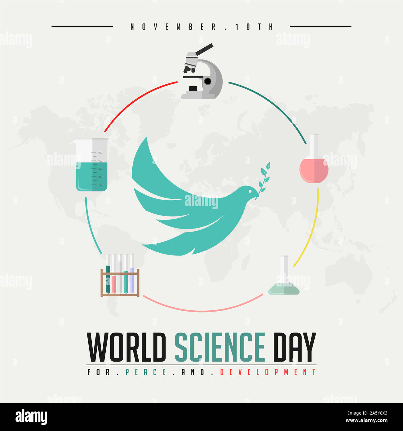 Journée mondiale de la science pour la paix et le développement avec des outils chimiques et pigeon Banque D'Images