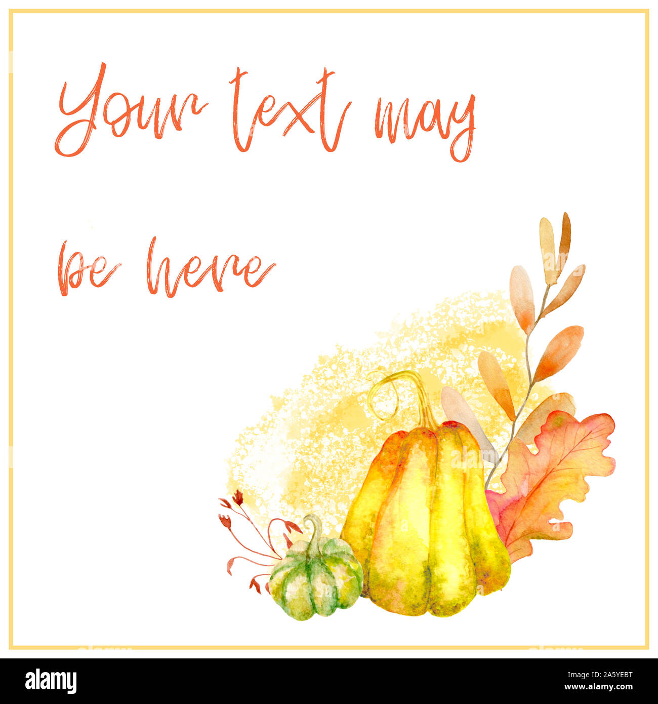 Modèle d'automne aquarelle à la citrouille, jaune et feuilles rouges. Carte d'invitation. Éléments de forme carrée sur fond blanc. Idéal pour bannière design Banque D'Images