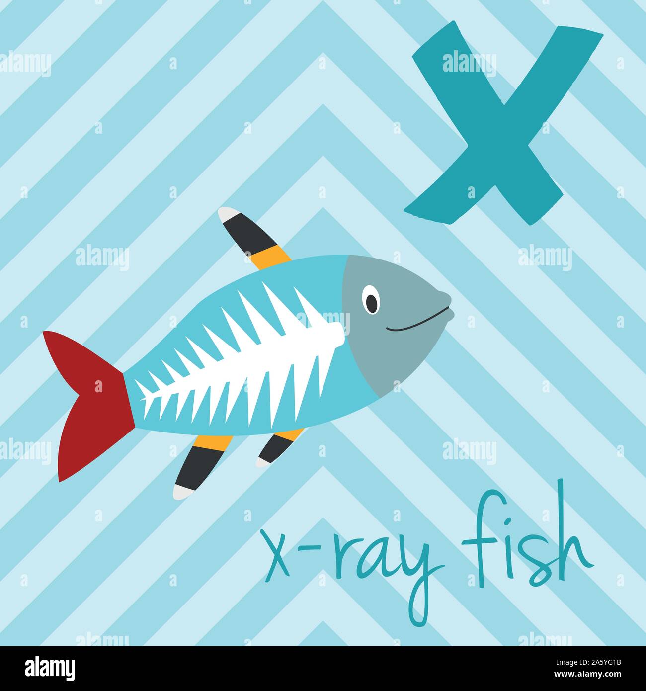 Cute cartoon alphabet illustré zoo avec animaux drôles : X pour X-Ray le poisson. Alphabet anglais. Apprendre à lire. Vector illustration isolé. Illustration de Vecteur