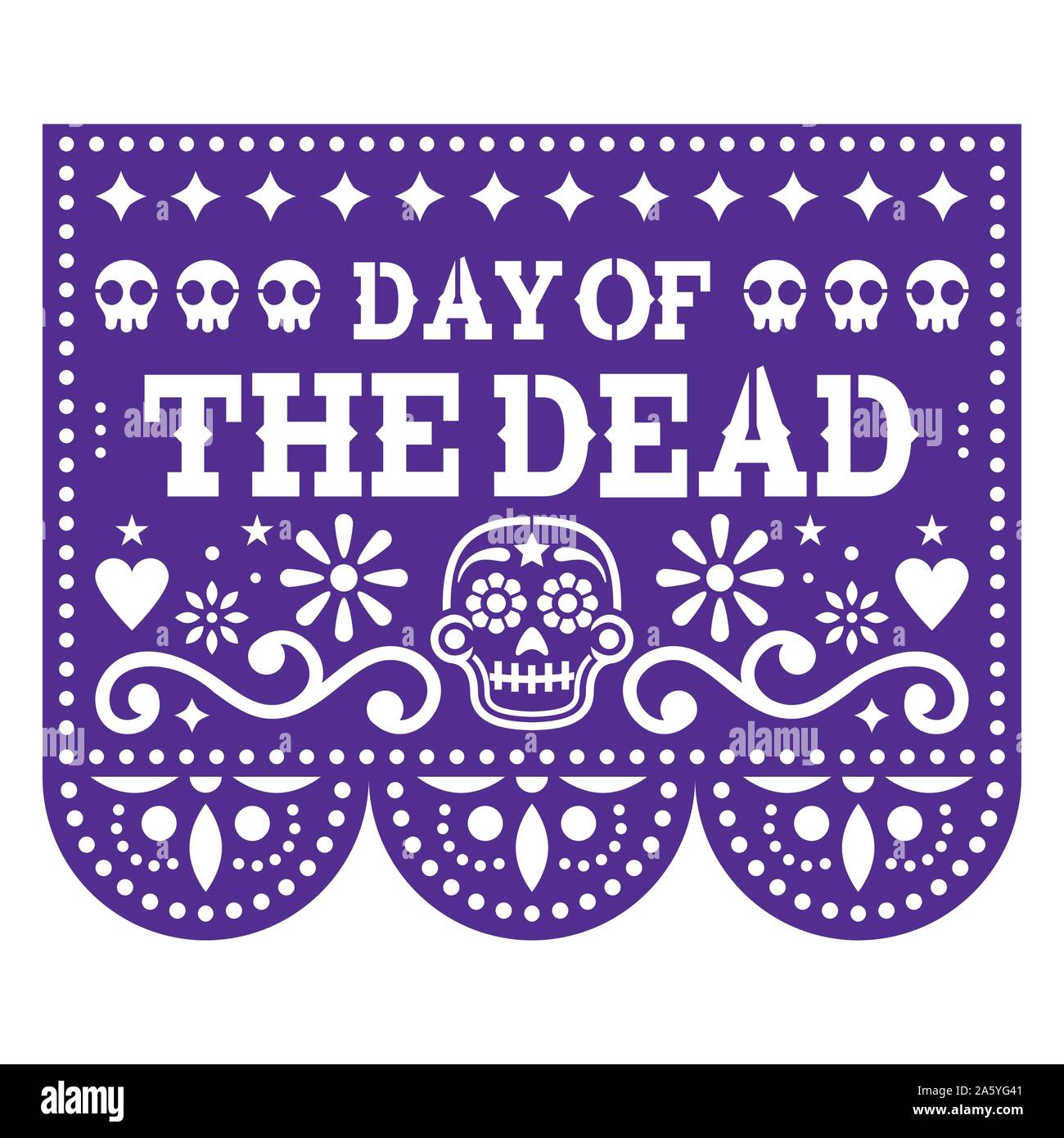 Le Jour des Morts papel picado design avec des crânes de sucre mexicain, découper le papier de fond de fleurs et guirlande de crânes Illustration de Vecteur