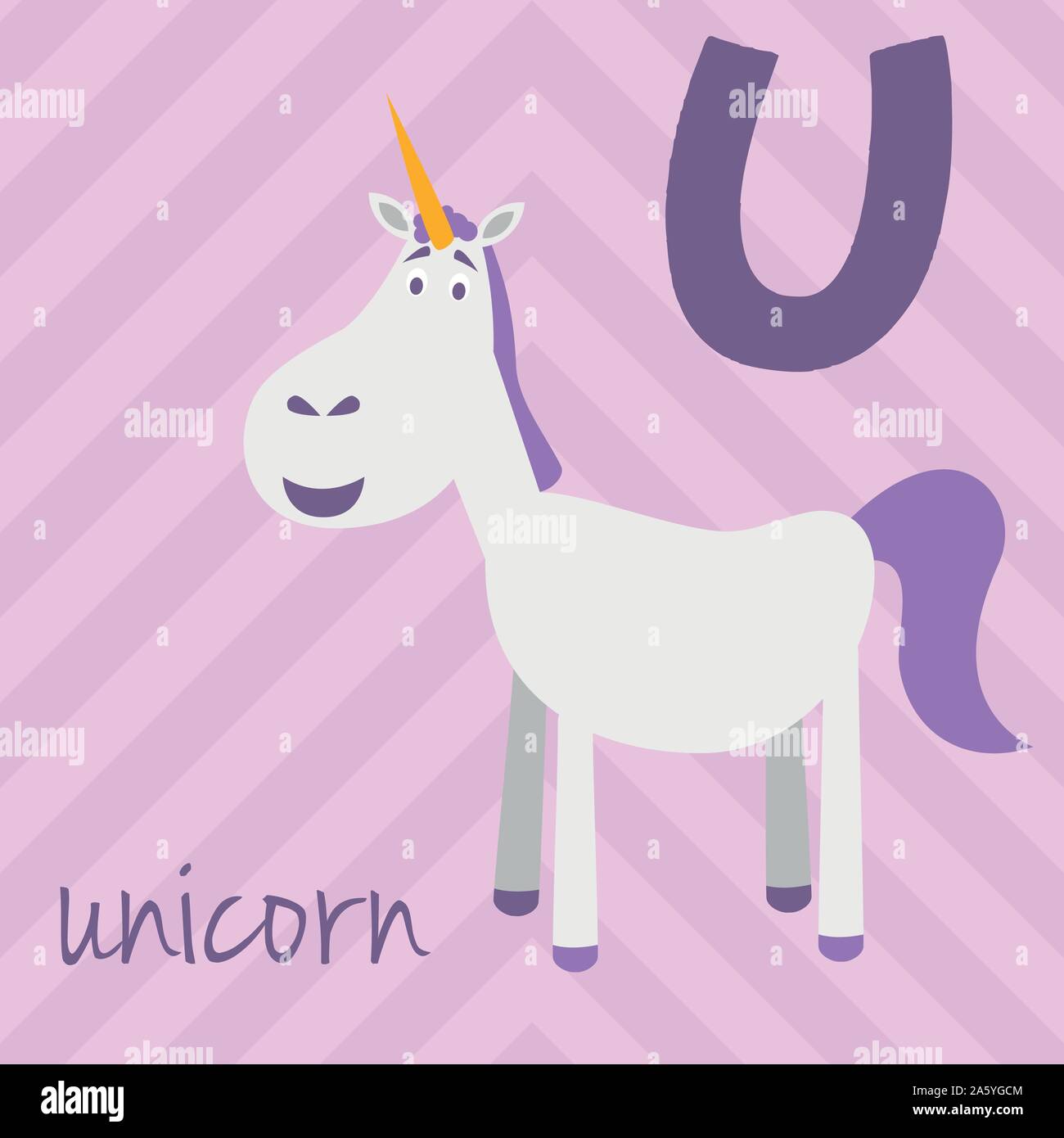 Cute cartoon alphabet illustré zoo avec animaux drôles : U pour Unicorn. Alphabet anglais. Apprendre à lire. Vector illustration isolé. Illustration de Vecteur