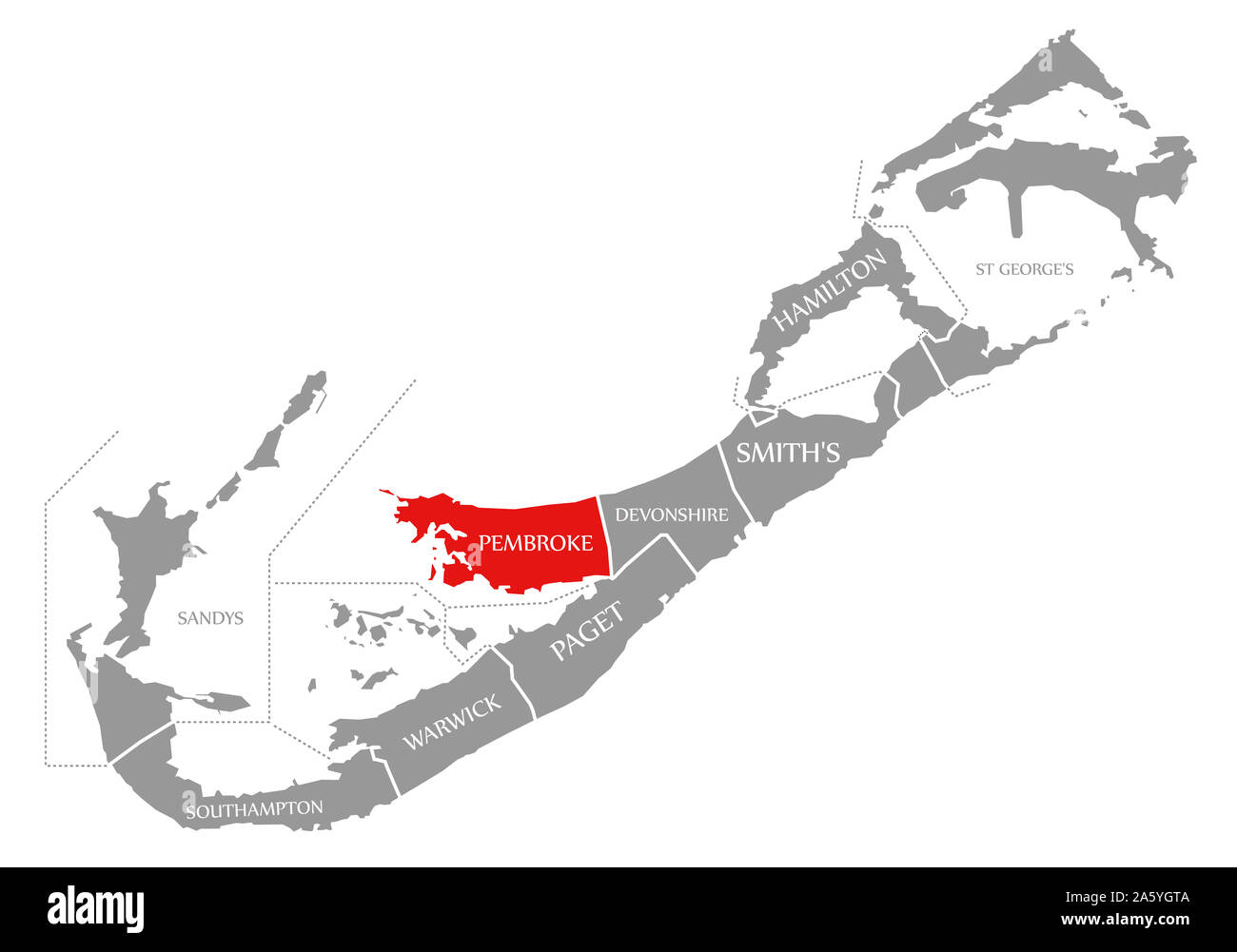 Pembroke en évidence dans rouge carte des Bermudes Banque D'Images