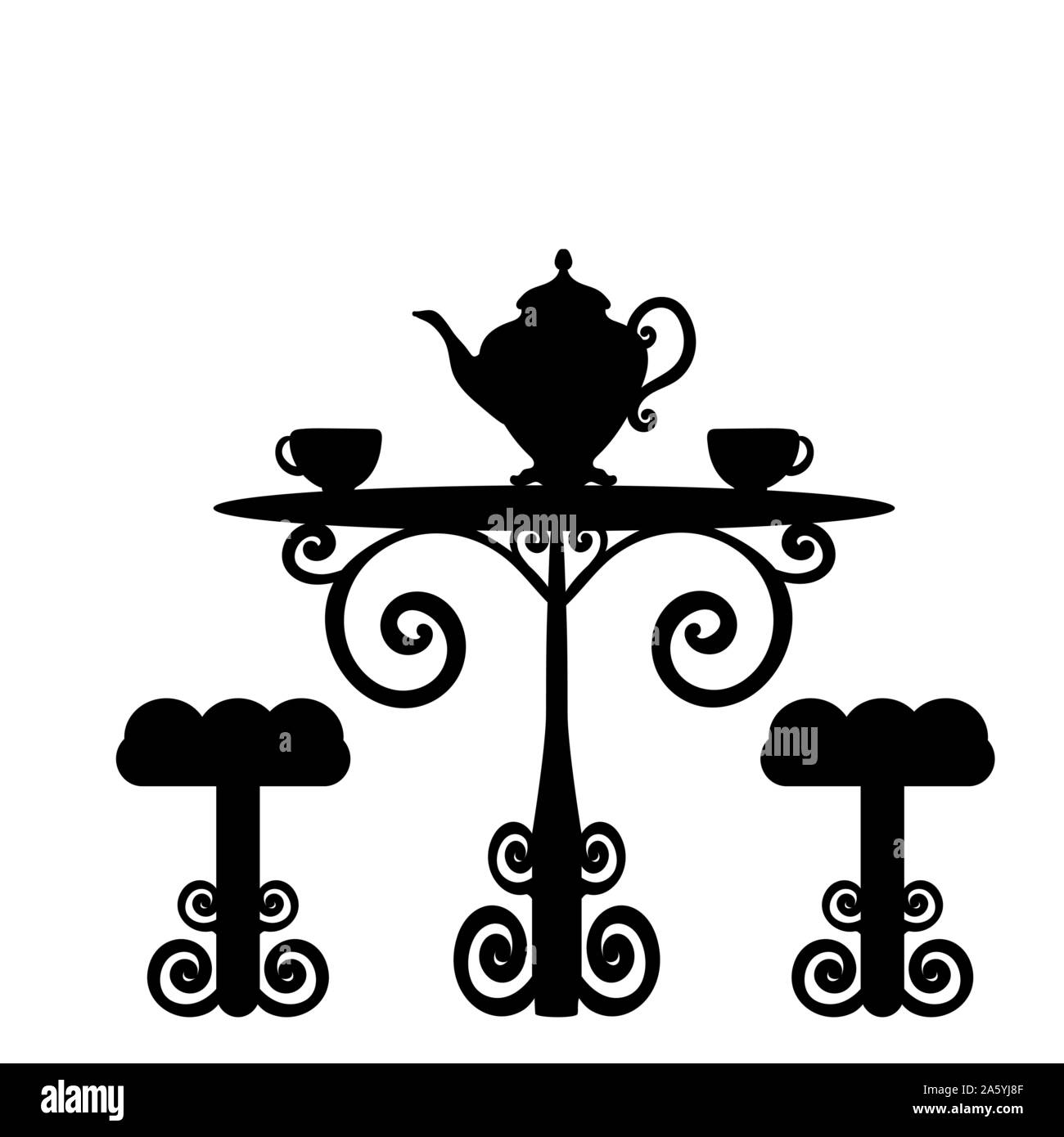 Tableau vintage Silhouette deux chaises et une théière deux tasses de thé. Vector illustration Illustration de Vecteur
