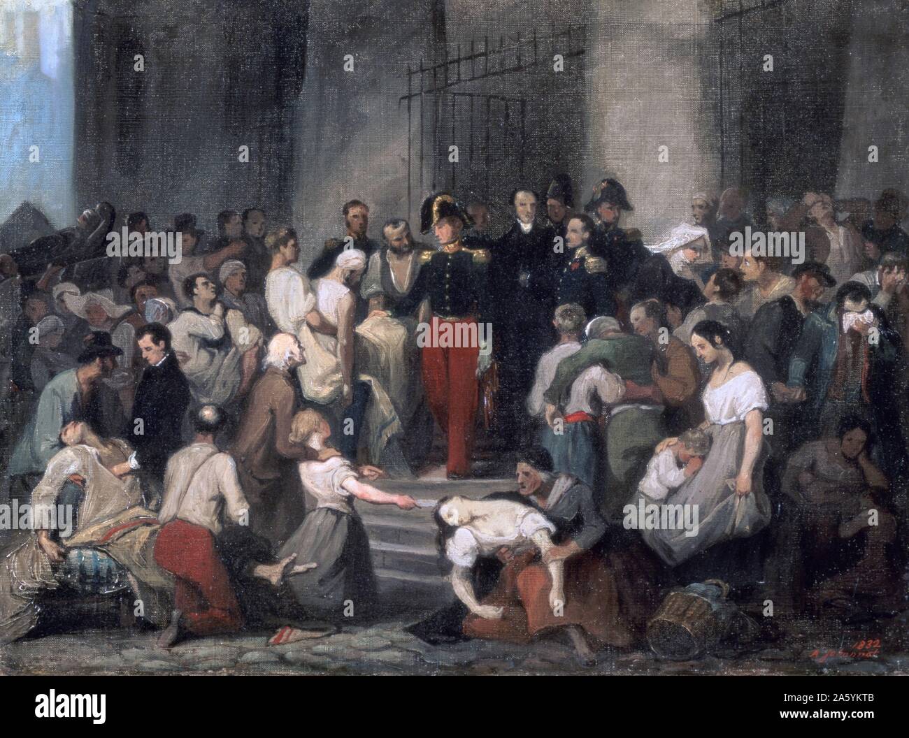 Le duc d'Orléans visite des malades à l'Hôtel-Dieu au cours de l'épidémie de choléra en 1832', 1800-1837. Alfred Johannot Banque D'Images