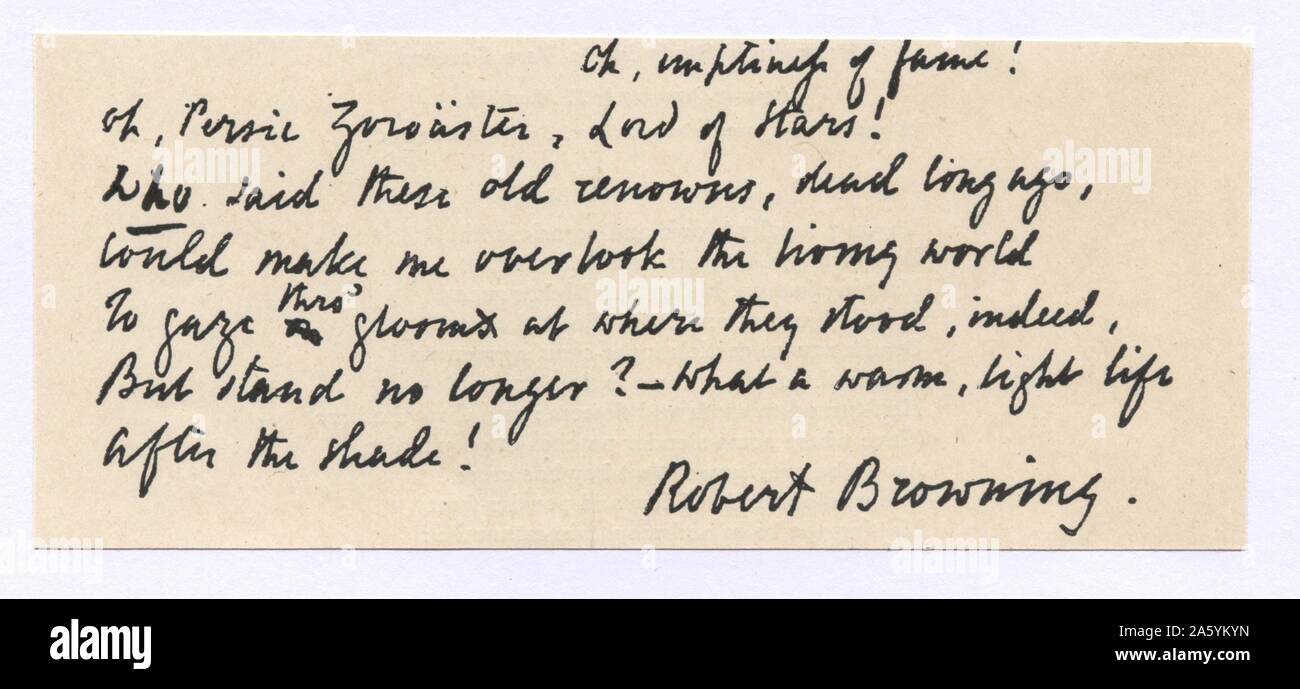 Manuscrit d'un vers de Robert Browning (1812-1889). 'Oh, Persic Zoroastre, seigneur d'étoiles ! ..." Banque D'Images