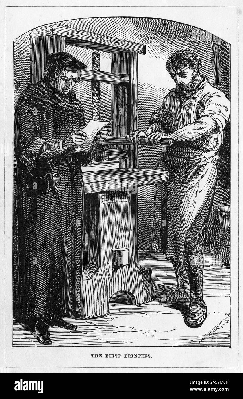 William Caxton (c1422-1491) le premier homme d'imprimer et de publier des livres en Angleterre (1476). Les épreuves de lecture Caxton Dernières nouvelles la presse. À partir de la 'grande' inventeurs, Londres c1882. Banque D'Images
