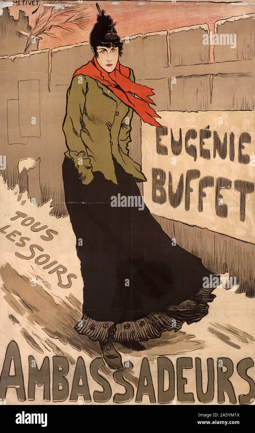 Affiche montrant la chanteuse française Eugénie Buffet habillé en fille travail parisien avec ses mains dans ses poches dans une rue enneigée. Affiche annonce sa performance à Ambassadeurs. Vers 1910 Banque D'Images
