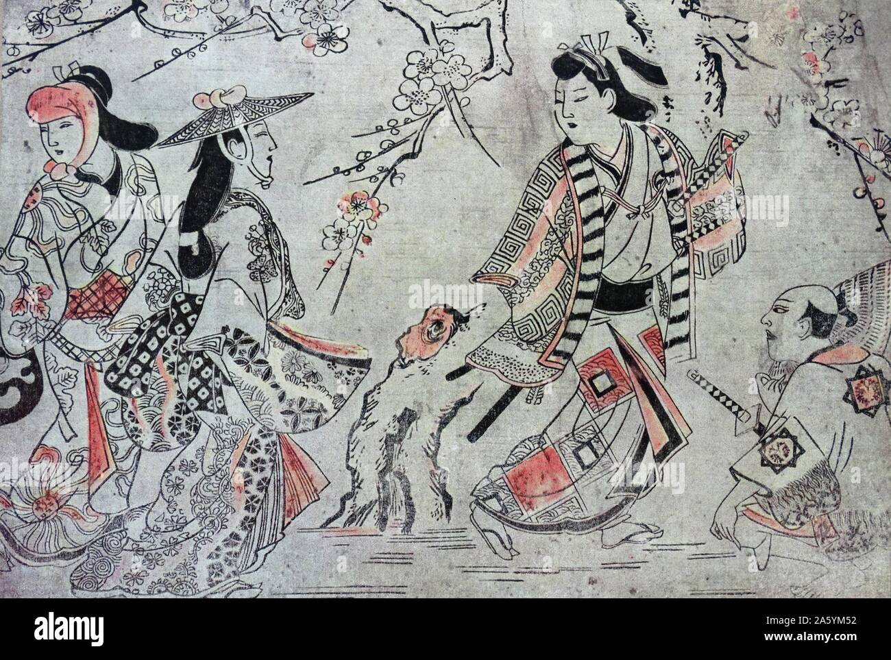 Moronobu : les gens marcher sous Apple Blossom ; Japonais, 17e siècle Banque D'Images