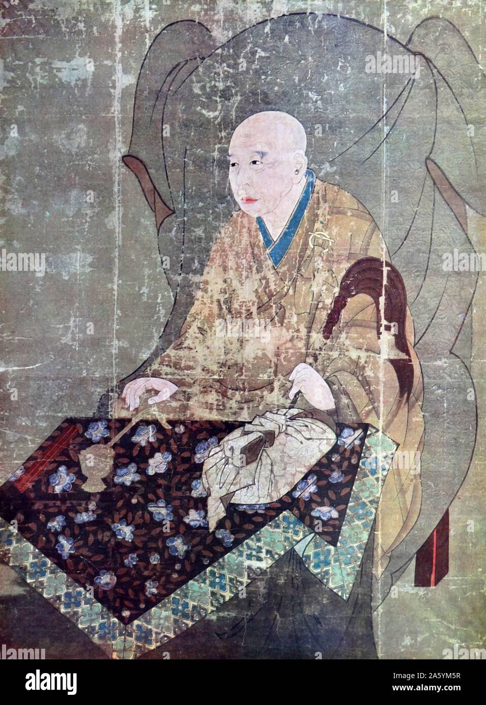 Portrait de Jishin Osho, moine de la secte Ritsu du temple Saidaiji à Nara, Japon. peints sur soie, période Nanbokucho, 14e siècle. Banque D'Images