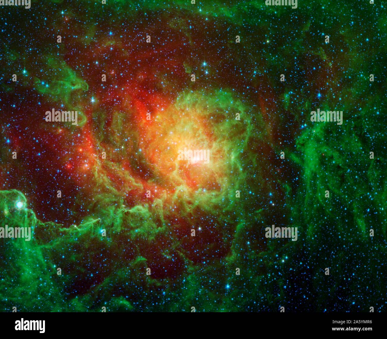 Les nuages de poussière tourbillonnante et lumineuses étoiles nouveau-né dominent la vue dans cette image de la nébuleuse de la lagune au télescope spatial Spitzer de la NASA. Également connu sous le nom de Messier et NGC 6523 8, les astronomes estiment qu'il est entre 4000 et 6000 années-lumière, se trouvant dans la direction générale du centre de notre Galaxie dans la constellation du Sagittaire. Banque D'Images