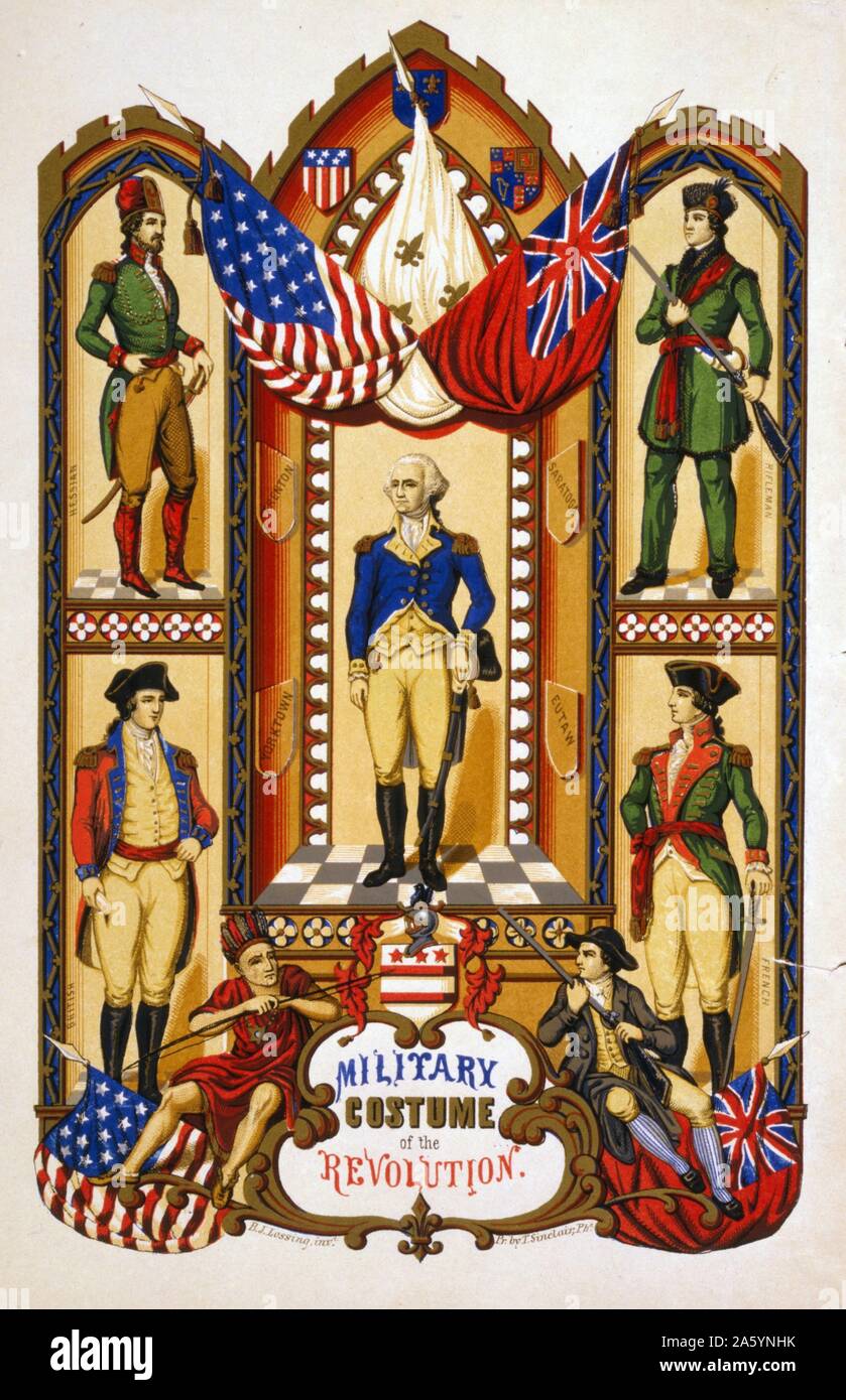 George Washington (centre) et quatre soldats environnants, vêtu d'un costume militaire de la Révolution américaine. Banque D'Images