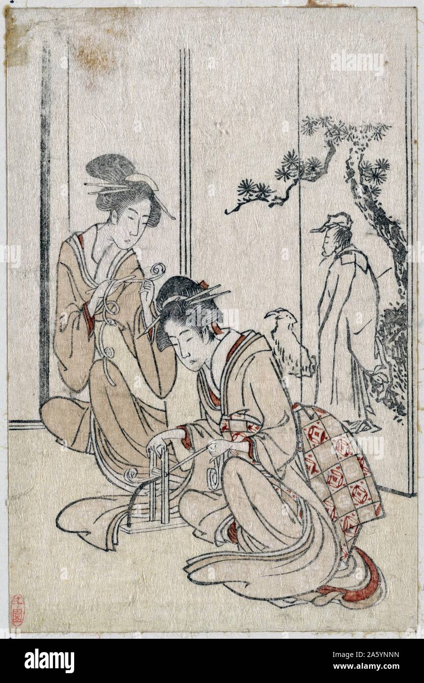 Motoyui o tsukuru musume (Traduction : Jeune femme tressant un cordon devant un écran représentant le sage chinois Huang Shangping). Par Hokusai, 1760-1849 , artiste 1799. Banque D'Images