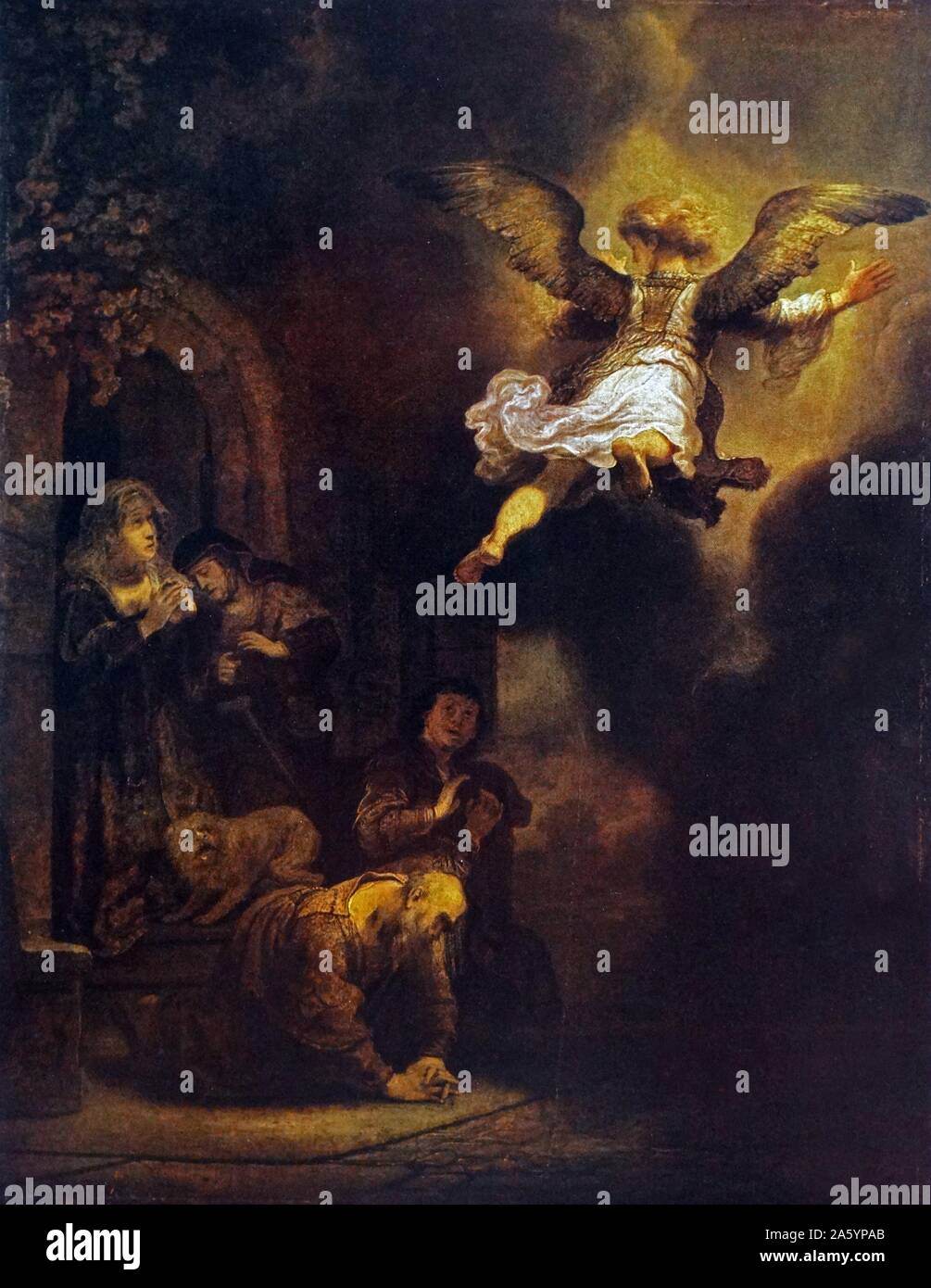 Rembrandt Harmenszoon van Rijn's painting intitulée 'L'ange Raphaël quittant Tobie et sa famille". Rembrandt (1606-1669) peintre et graveur néerlandais de l'âge d'or hollandais et baroque. Datée 1639 Banque D'Images