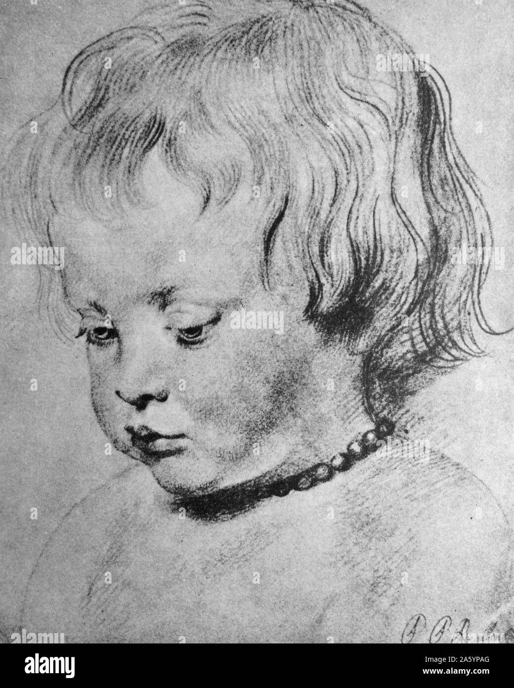Illustration de craie Nicholaas Rubens portant un collier de corail. Par Peter Paul Rubens (1577-1640), peintre baroque flamand. Datée 1619 Banque D'Images