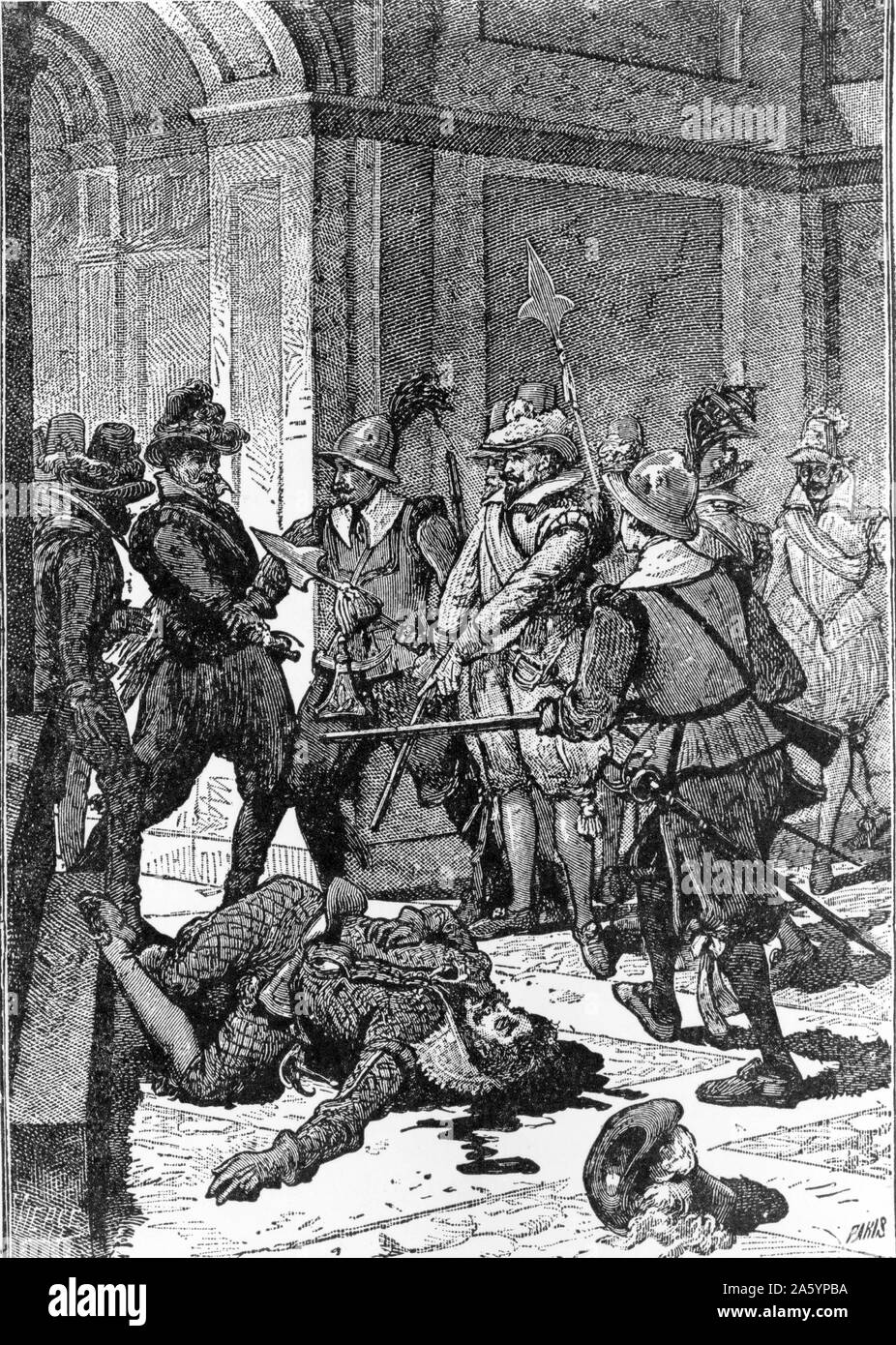 Illustration montrant la mort de Francisco Pizarro (1476-1541) conquistador espagnol qui a conquis l'Empire Inca. Datée 1891 Banque D'Images