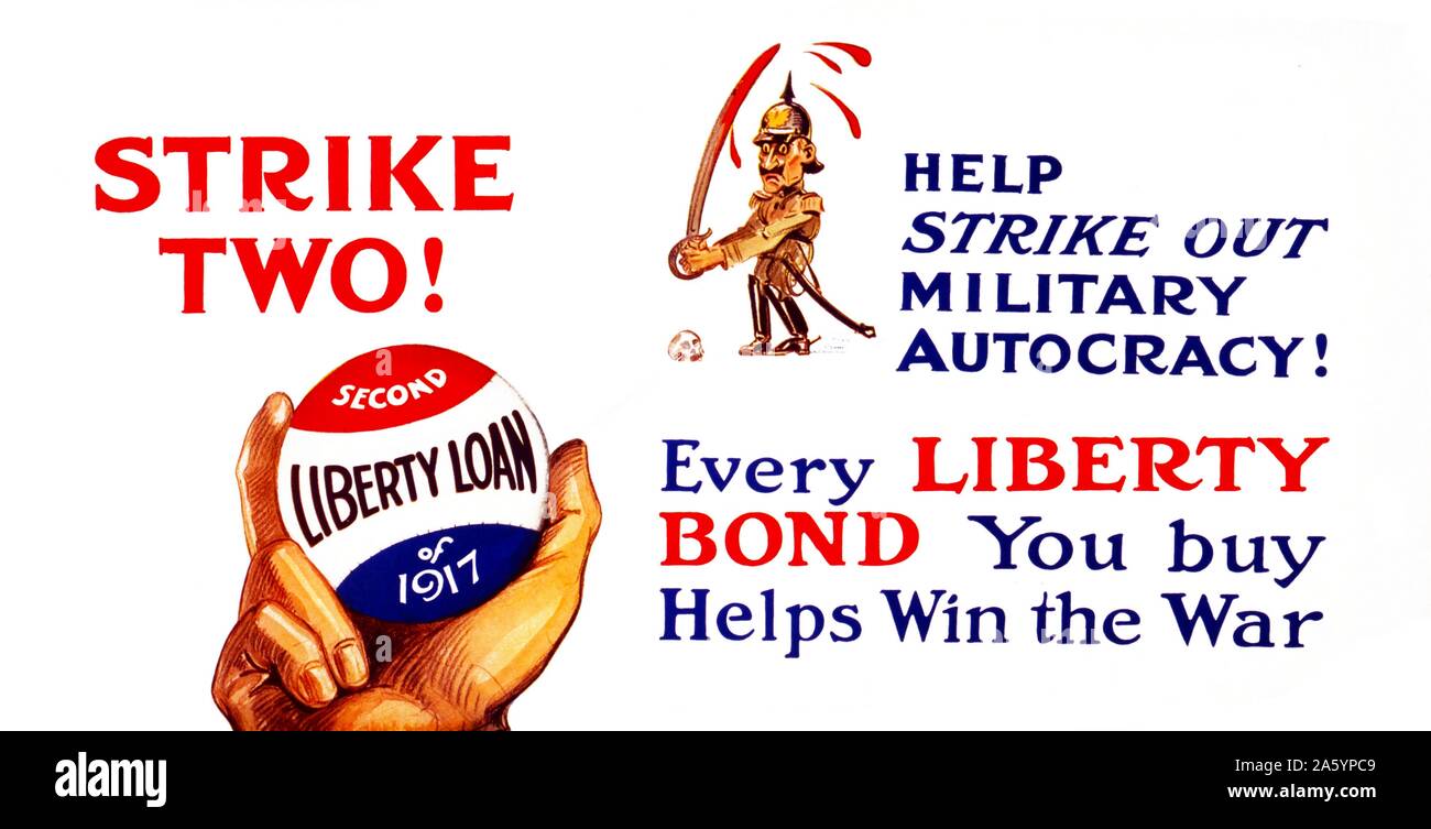 World War One Liberty Bond poster. Affiche représente une part sur le point de lancer une balle appelée "deuxième liberté prêt de 1917' pour Kaiser Wilhelm, qui détient une épée sanglante comme une chauve-souris. Datée 1917 Banque D'Images