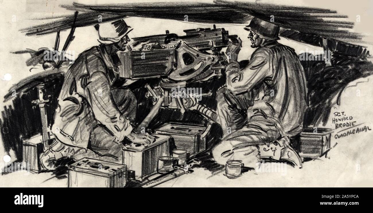 Dessin au graphite représentant deux soldats - John Minihan de Rockford, Illinois et Sal de George de Manhattan - Exploitation d'une machine pendant la bataille de Guadalcanal, la seconde guerre mondiale. Par Howard Brodie (1915-2010) en date du 1942 Banque D'Images