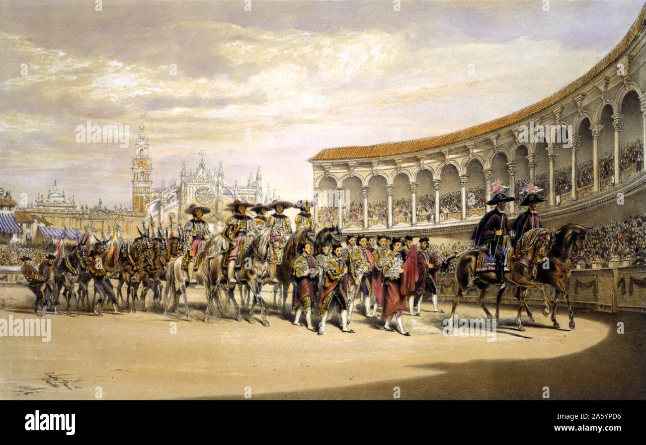 Lithographie couleur représentant l'entrée de la Toreros en procession. L'illustration montre les toreros en procession dans un stade, Séville, Espagne. Créé par William Frederick Lake : (1810-1896) English aquarelliste et un innovateur dans le milieu du 19e siècle, la photographie. Datée 1865 Banque D'Images