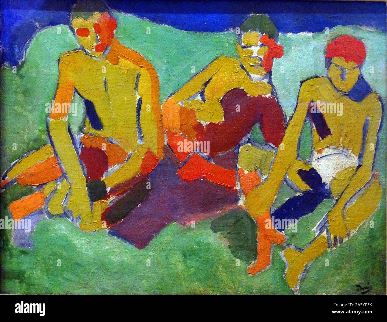 La peinture intitulée "Trois Personnes assises sur l'herbe' par André Derain (1880-1954) artiste français, peintre, sculpteur et co-fondateur du Fauvisme avec Henri Matisse. Datée 1905 Banque D'Images