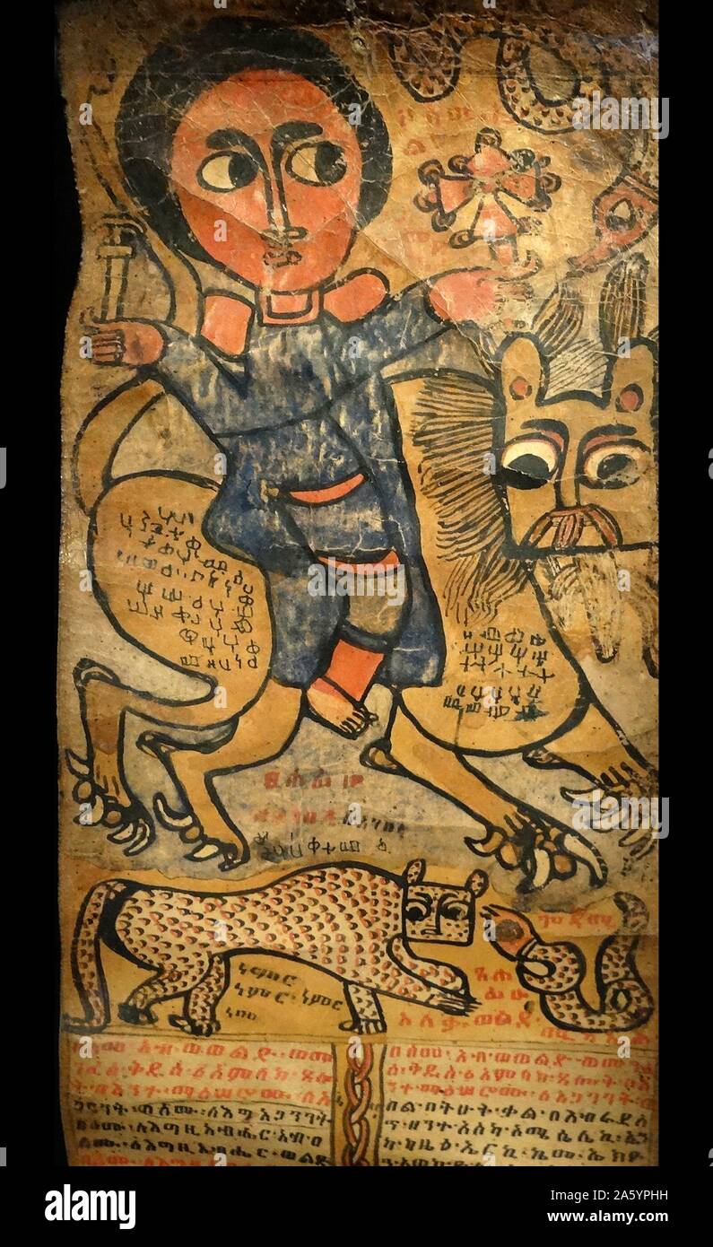 Samuel sur un lion. Saint Samuel conduit un ermite dans le désert de la vie Waldebba. Il est réputé pour avoir dompté les animaux sauvages et les serpents - représentés dans l'image. Le lion's griffes acérées et les yeux rouges font allusion à Satan. À partir de l'Éthiopie. Faites de parchemin et pigments. Banque D'Images