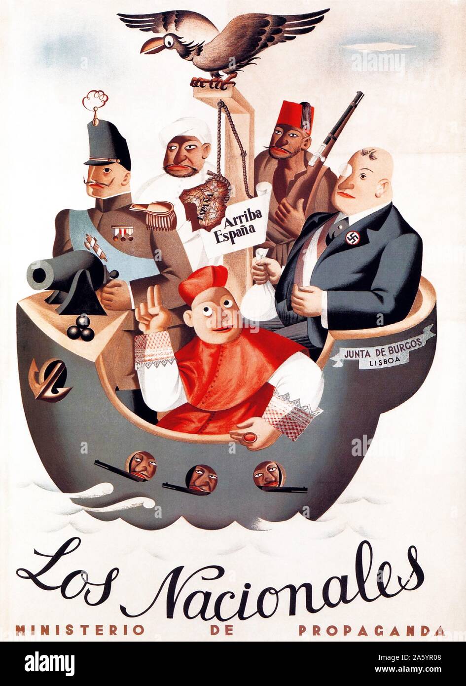 Los Nacionales' affiche de propagande républicaine de la critique des groupes qui ont soutenu la rébellion militaire dans la guerre civile espagnole, Banque D'Images