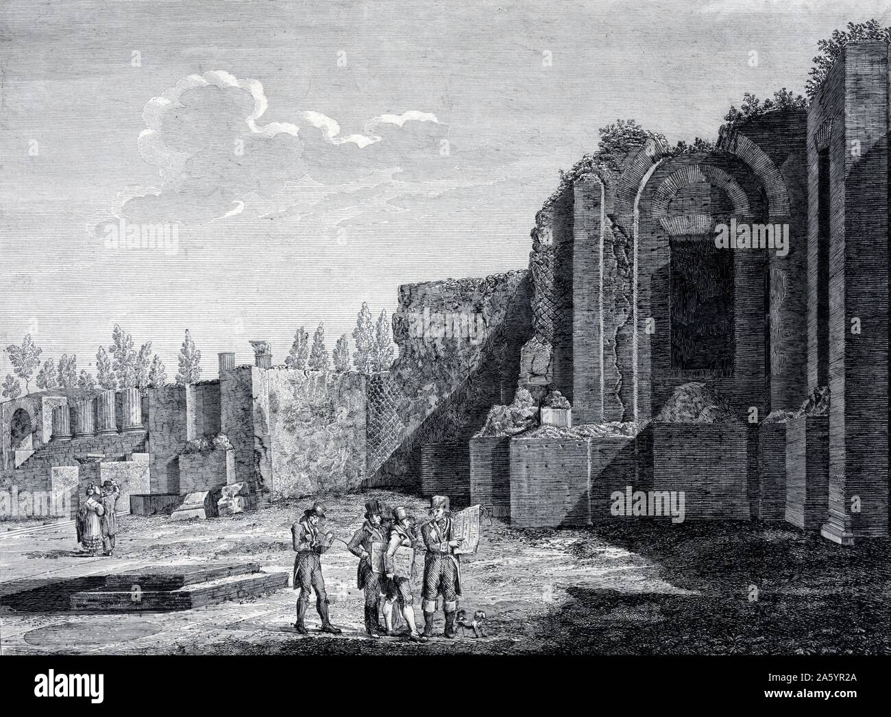 Illustration montrant les touristes visitant les ruines romaines de Pompéi, en Italie, au cours de leur "Grand Tour" de l'Europe. circa 1840 Banque D'Images