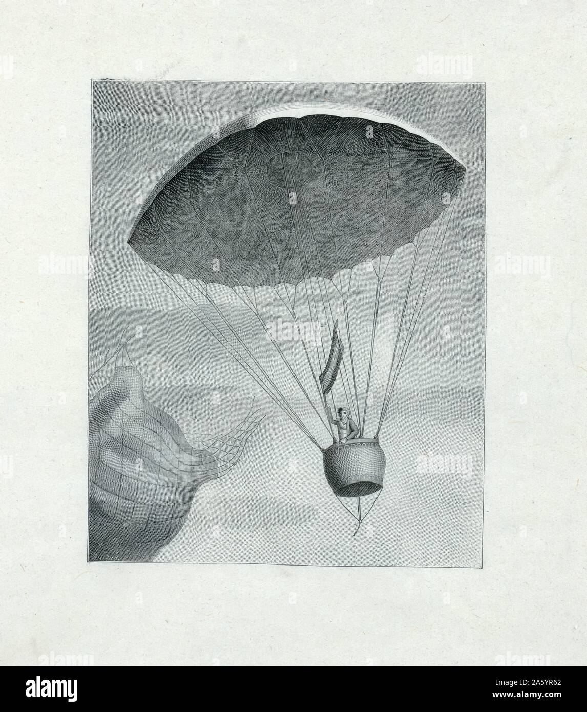 La gravure sur bois représentant André Jacques Garnerin, premier homme à descendre dans un parachute, debout dans la gondole de son parachute qui agitait un drapeau français après la libération de son ballon. Datée 1797 Banque D'Images