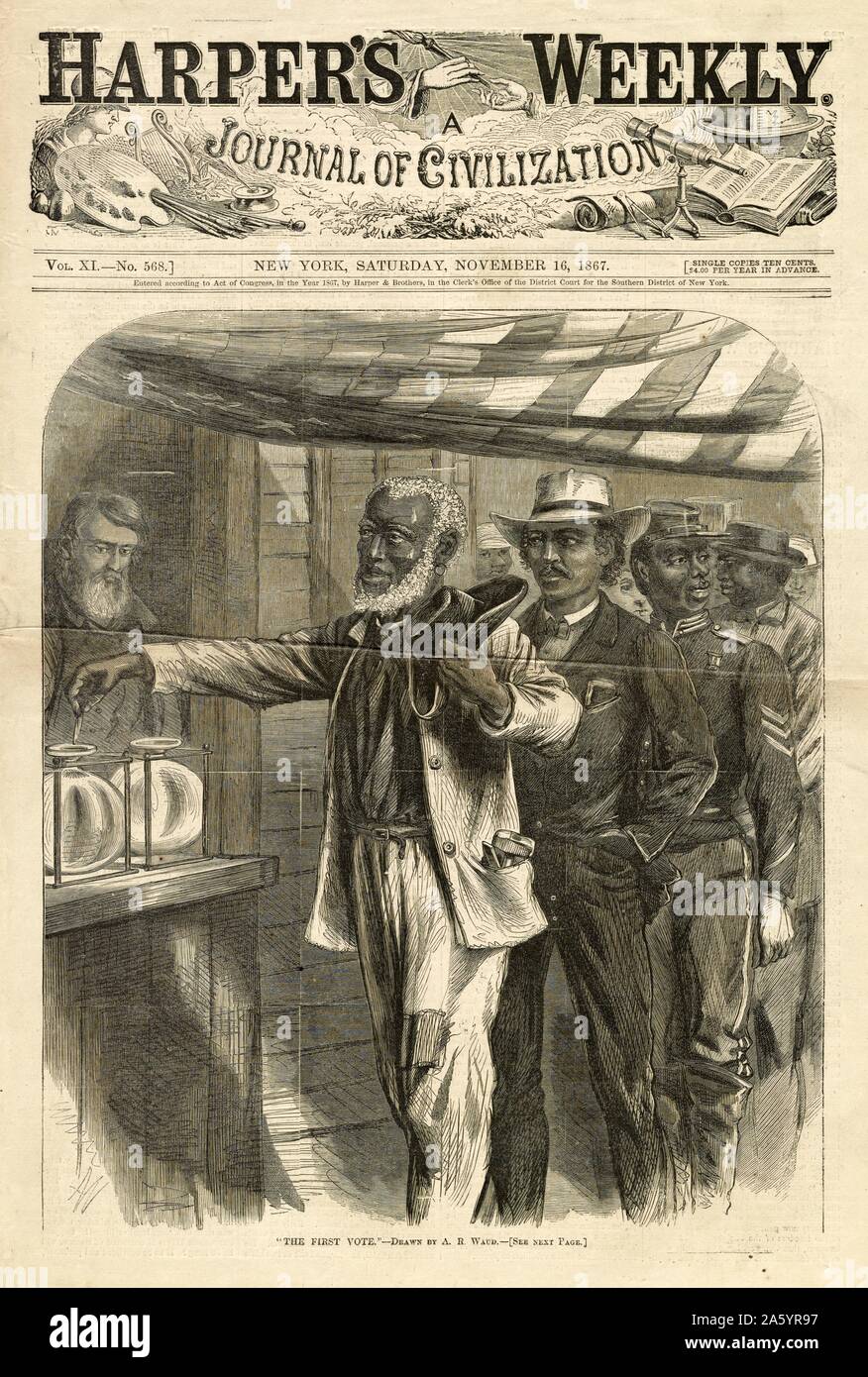 La satire politique gravure sur bois Gravure illustration représentant une file d'hommes afro-américains à l'exercice de leur droit de vote. Par Alfred R. Waud (1828-1891). Datée 1867 Banque D'Images