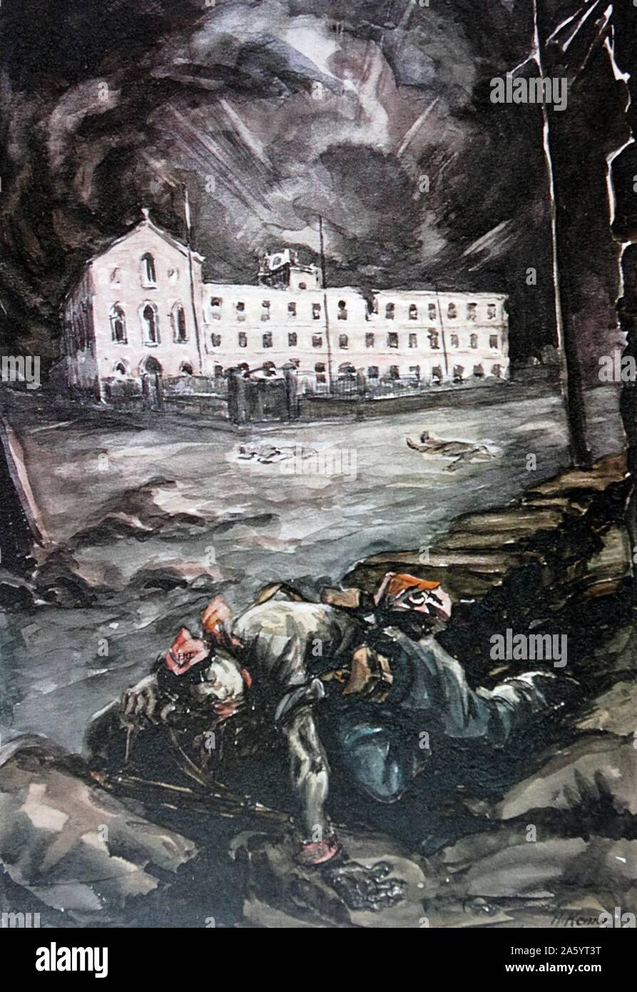 Peinture de la siège de Gijón, l'une des premières actions dans la guerre civile espagnole, a vu l'écrasement de la milice anarchiste une petite garnison nationaliste de Gijón, entre le 19 juillet et le 16 août 1936. La milice - nominalement combats dans la défense de la République - le siège de la caserne de Simancas dans la ville de Gijón. Ces étaient défendues par environ 180 soldats et officiers de la Guardia Civil qui était passé à l'appui de la rébellion du général Franco. Peint par Reque Meruvia (1906 - 1969) Peintre bolivien illustrant la propagande fonctionne pour les nationalistes Banque D'Images Peinture de la siège de Gijón, l'une des premières actions dans la guerre civile espagnole, a vu l'écrasement de la milice anarchiste une petite garnison nationaliste de Gijón, entre le 19 juillet et le 16 août 1936. La milice - nominalement combats dans la défense de la République - le siège de la caserne de Simancas dans la ville de Gijón. Ces étaient défendues par environ 180 soldats et officiers de la Guardia Civil qui était passé à l'appui de la rébellion du général Franco. Peint par Reque Meruvia (1906 - 1969) Peintre bolivien illustrant la propagande fonctionne pour les nationalistes Banque D'Images