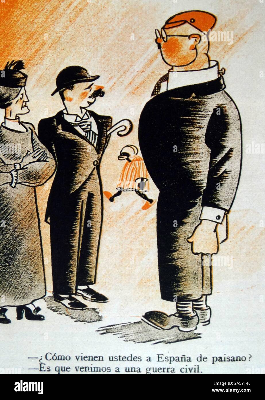 Sentiment anti-allemand caricature montrant le stealth de l'entrée de soutien allemand pour le côté nationaliste pendant la guerre civile espagnole. Banque D'Images
