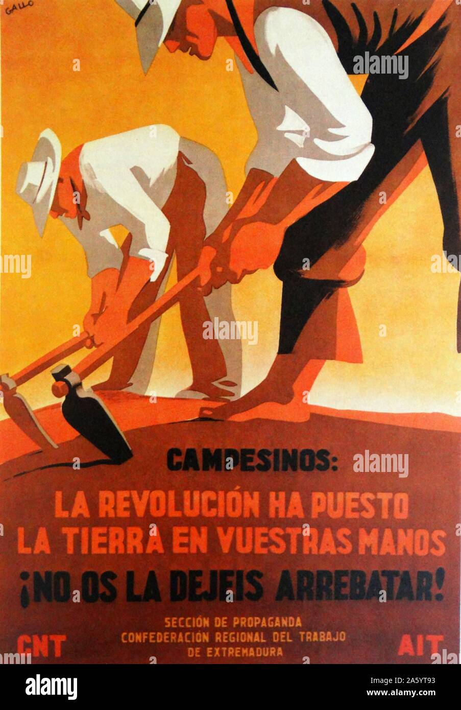 Affiche de propagande antifasciste CNT sur la propriété de la terre par le peuple, pendant la guerre civile espagnole Banque D'Images