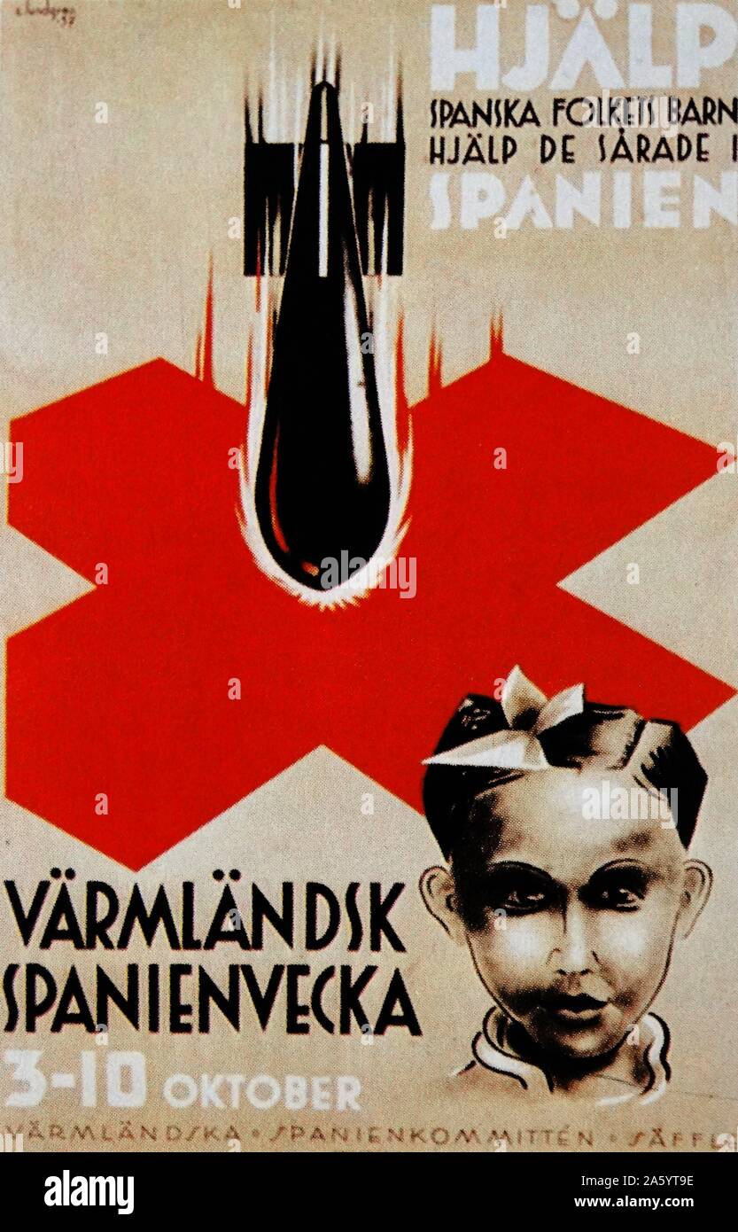La propagande anti-fasciste suédois exprimant l'affiche à l'horreur des bombardements sur les civils nationalistes pendant la guerre civile espagnole Banque D'Images