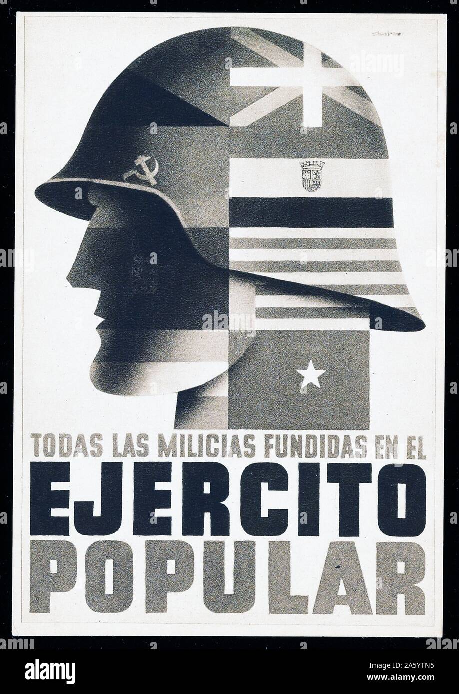 Guerre civile espagnole, affiches de propagande républicaine ; les troupes du monde, fusionnés en un l'Armée Républicaine Banque D'Images