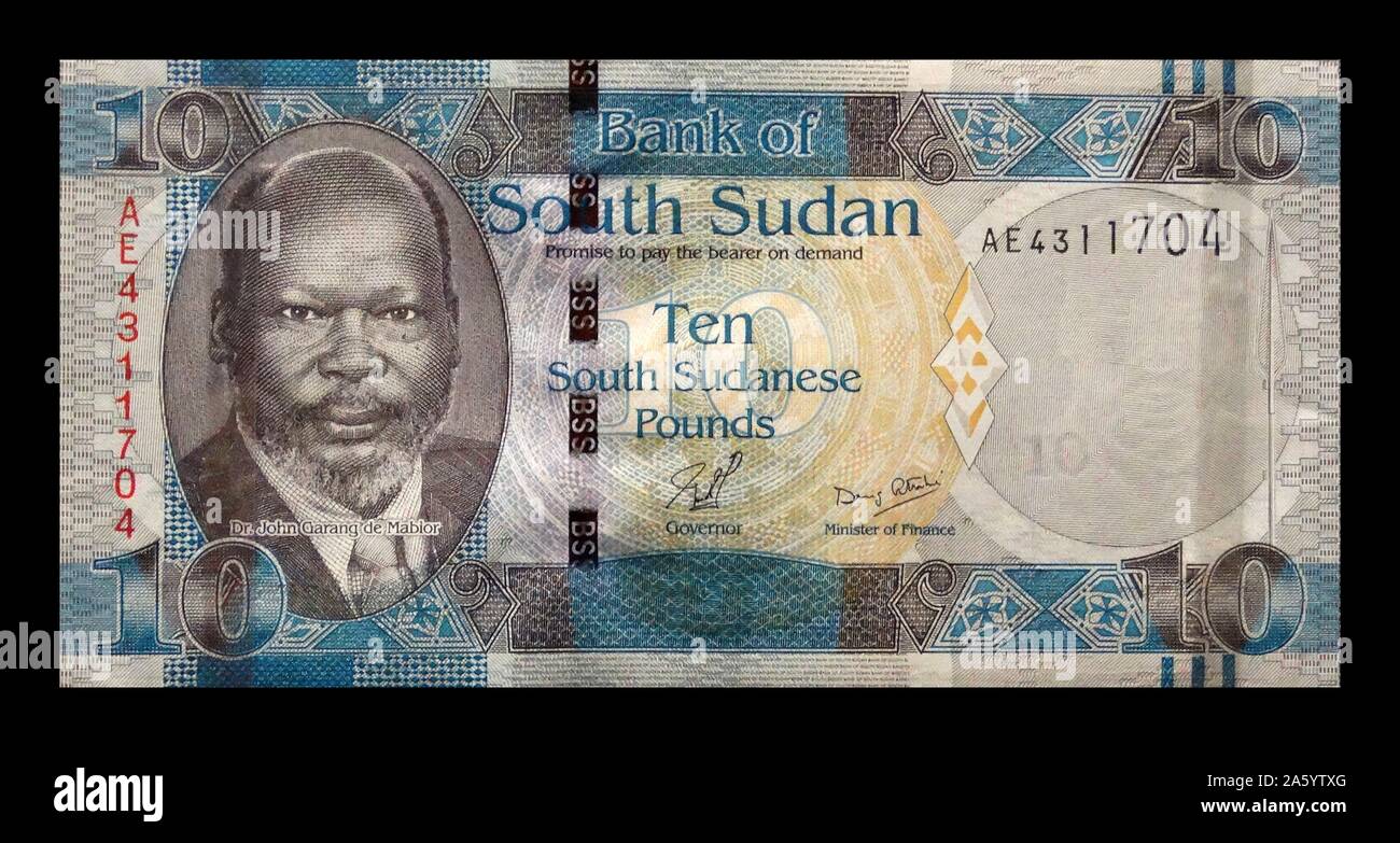 Billet de banque du Soudan du Sud, 2011 ; dispose d'un portrait de John Garang, l'ancien chef de l'Armée populaire de libération du Soudan (APLS). Banque D'Images