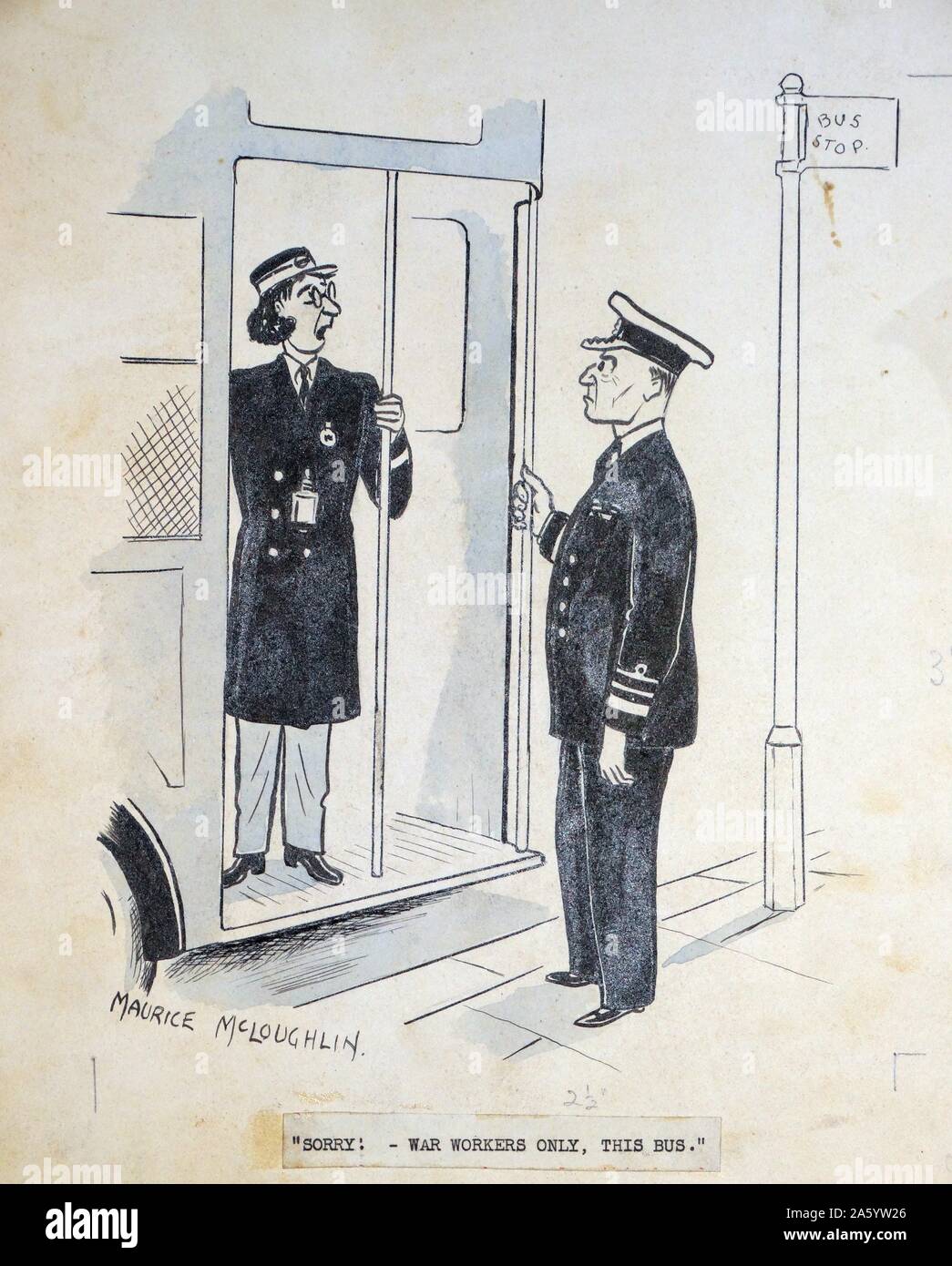 Caricature montrant un bus réservé aux travailleurs de la guerre. Date 1945 Banque D'Images