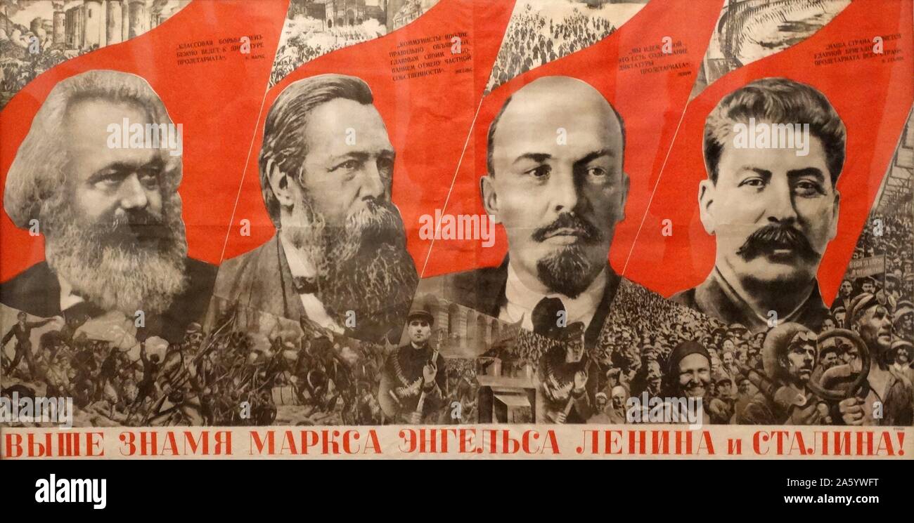 Marx, Engels, Lénine, Staline flag plus élevé ! ' Russe soviétique, communiste, affiche de propagande1933, lithographie sur papier Banque D'Images