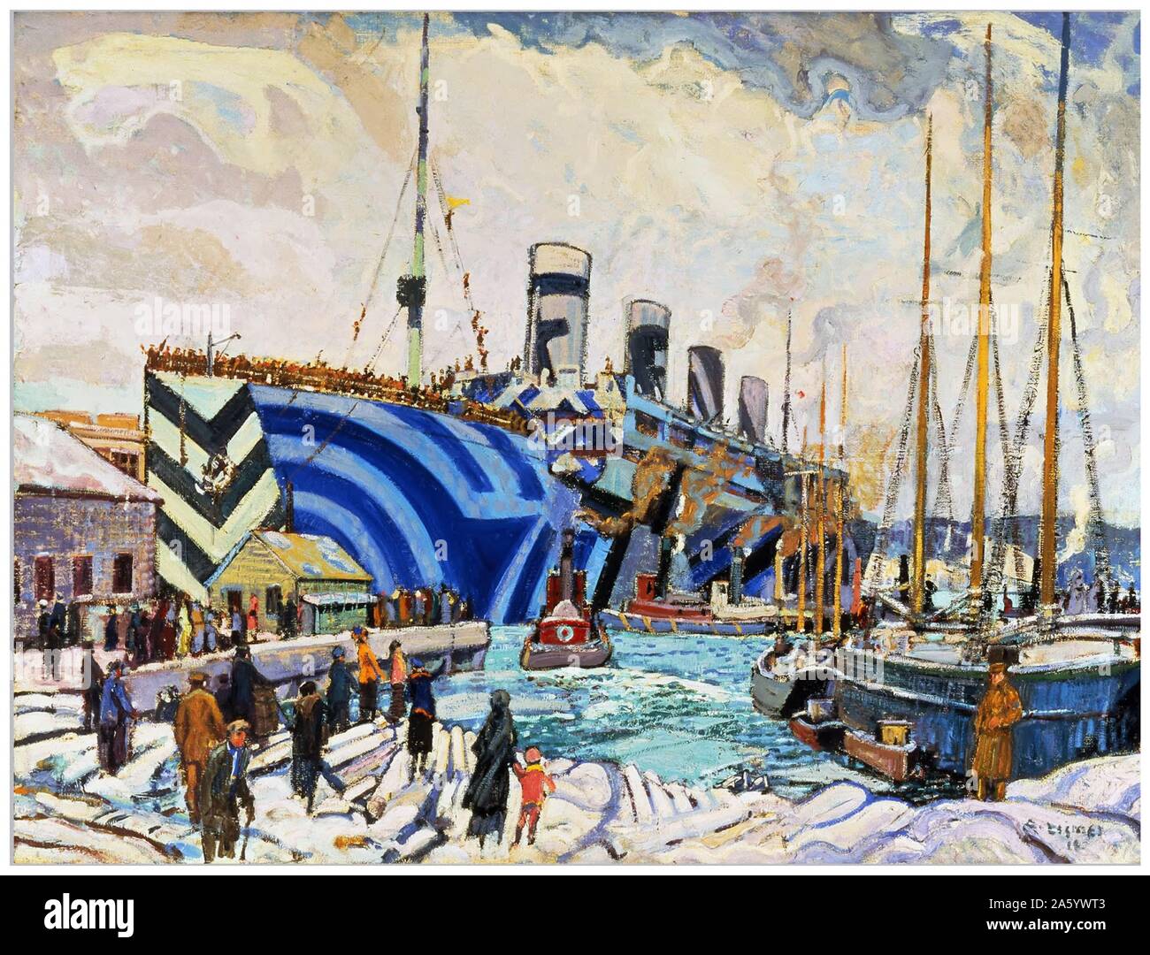 Tableau représentant le HMS retour olympique avec les soldats d'Arthur Lismer (1885-1969) peintre canadien-anglais et membre du Groupe des sept. Datée 1945 Banque D'Images