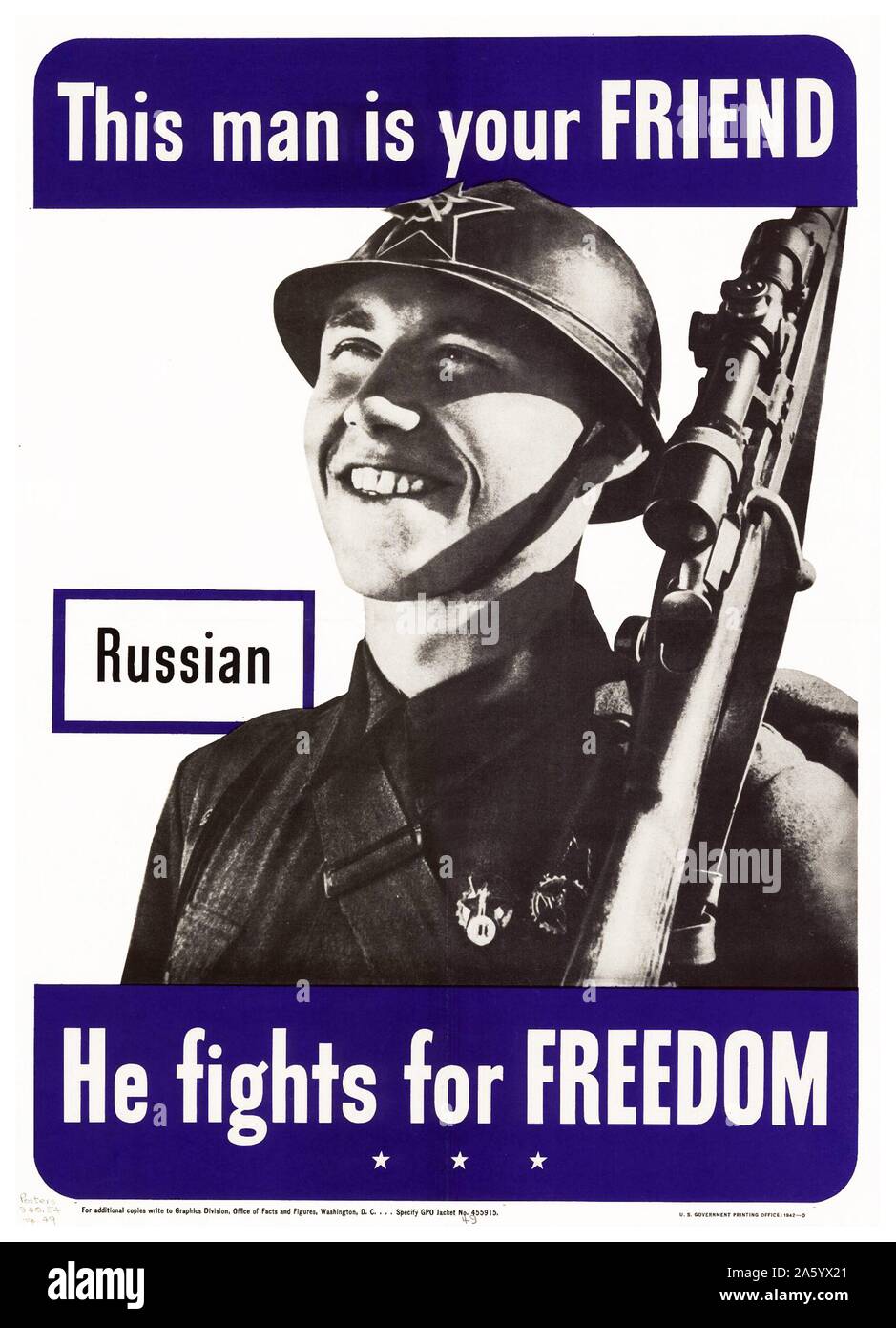 Seconde Guerre mondiale patriotique affiche représentant un Russe allié américain. Datée 1943 Banque D'Images