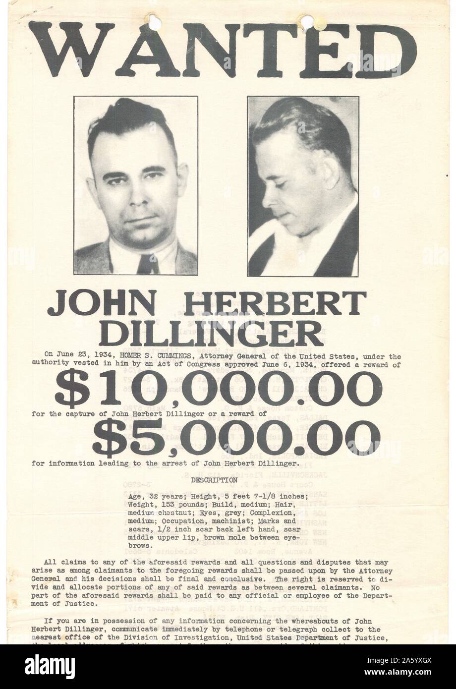 Avis de recherche de John Herbert Dillinger (1903-1934) American gangster de l'époque de la dépression dans les États-Unis. Daté 1934 Banque D'Images Avis de recherche de John Herbert Dillinger (1903-1934) American gangster de l'époque de la dépression dans les États-Unis. Daté 1934 Banque D'Images