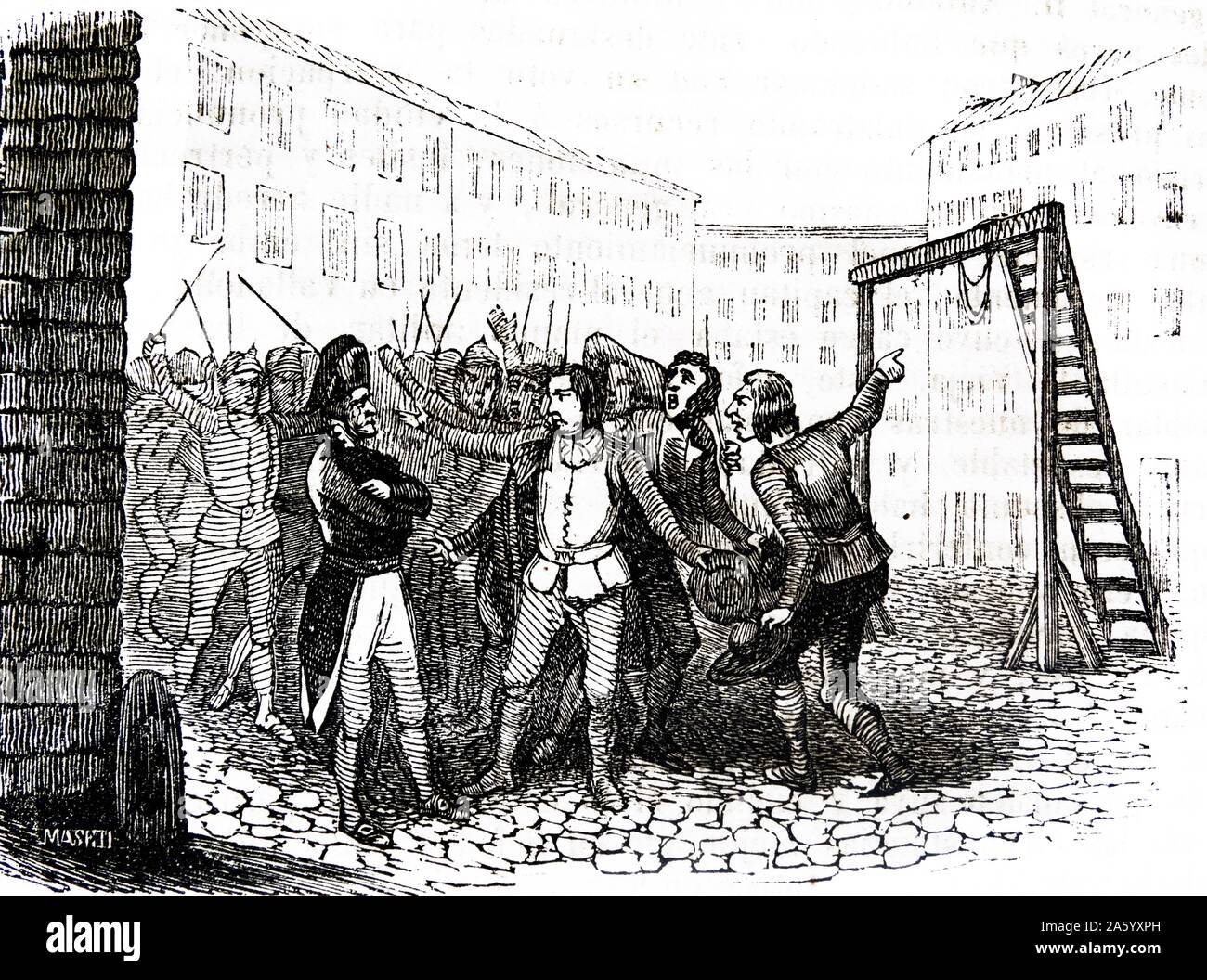 Gravure représentant des exécutions sommaires de rebelles pendant la montée de Valladolid, au cours de la guerre d'Espagne (1807-1814) fut un conflit militaire entre l'Empire de Napoléon et les alliés de l'Espagne, l'Angleterre et le Portugal pour le contrôle de la péninsule ibérique pendant les guerres napoléoniennes. Datée 1809 Banque D'Images