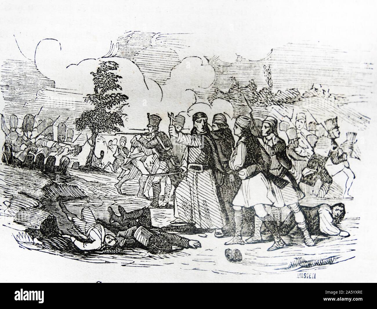 Gravure illustrant la bataille de Cabrillas, pendant la guerre d'Espagne. Datée 1808 Banque D'Images