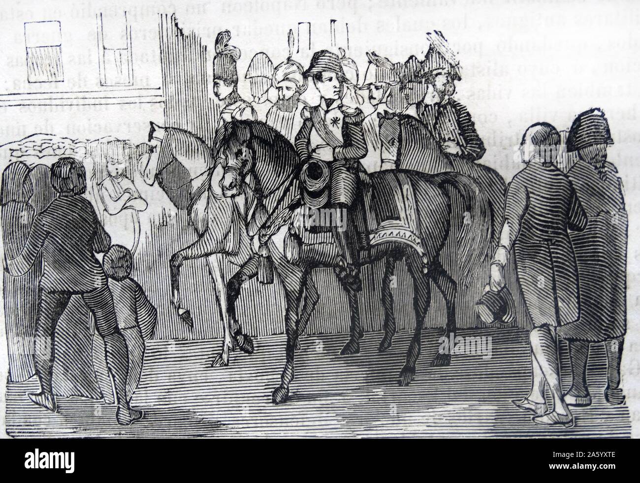 Gravure représentant l'entrée de Bonaparte (1769-1821) militaire français et dirigeant politique qui a pris de l'importance au cours de la Révolution française et les guerres, à Madrid. En date du 19e siècle Banque D'Images