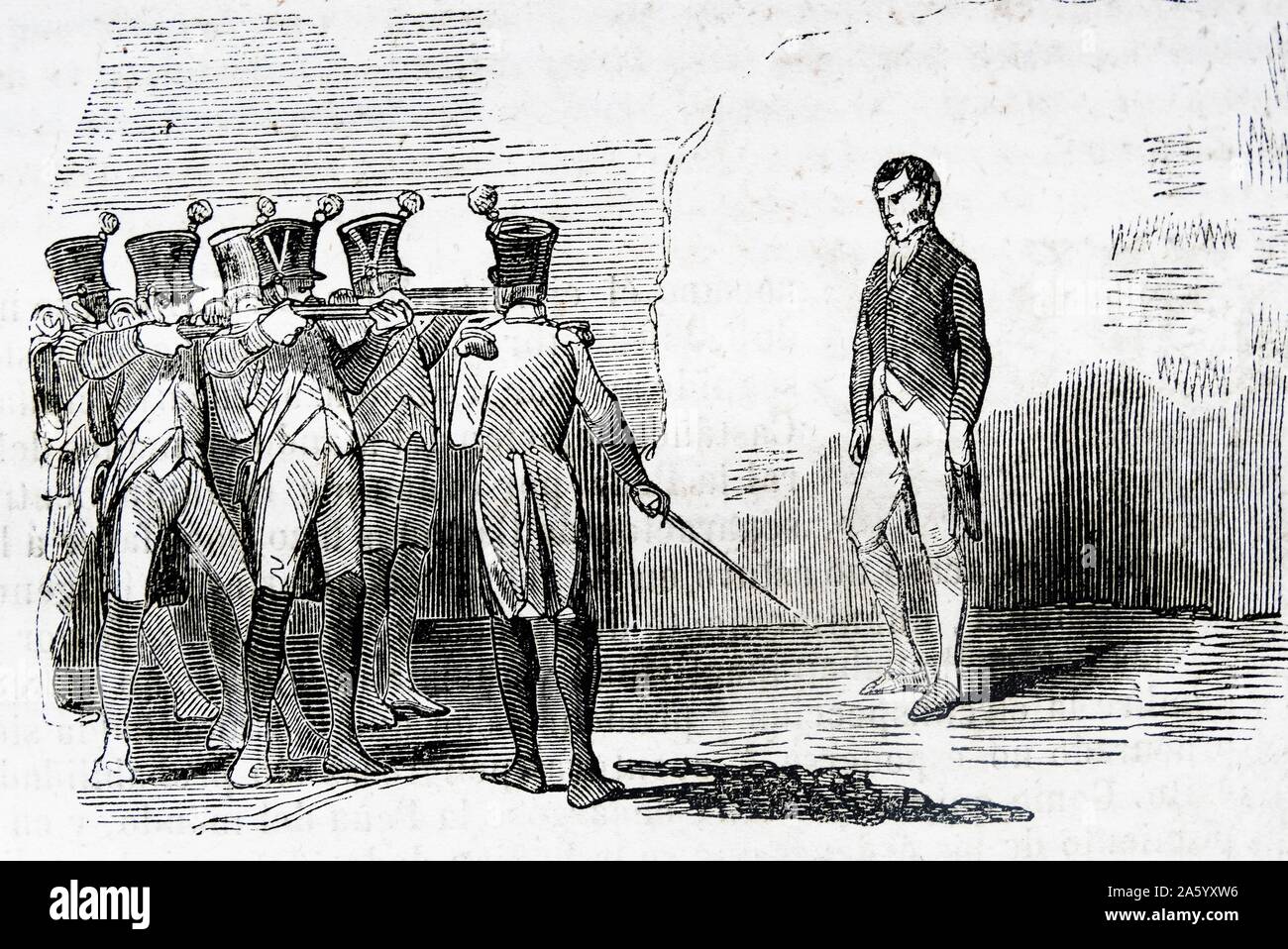 Gravure illustrant l'exécution du Lieutenant-colonel Santiago, au cours de la guerre d'Espagne. Datée 1809 Banque D'Images